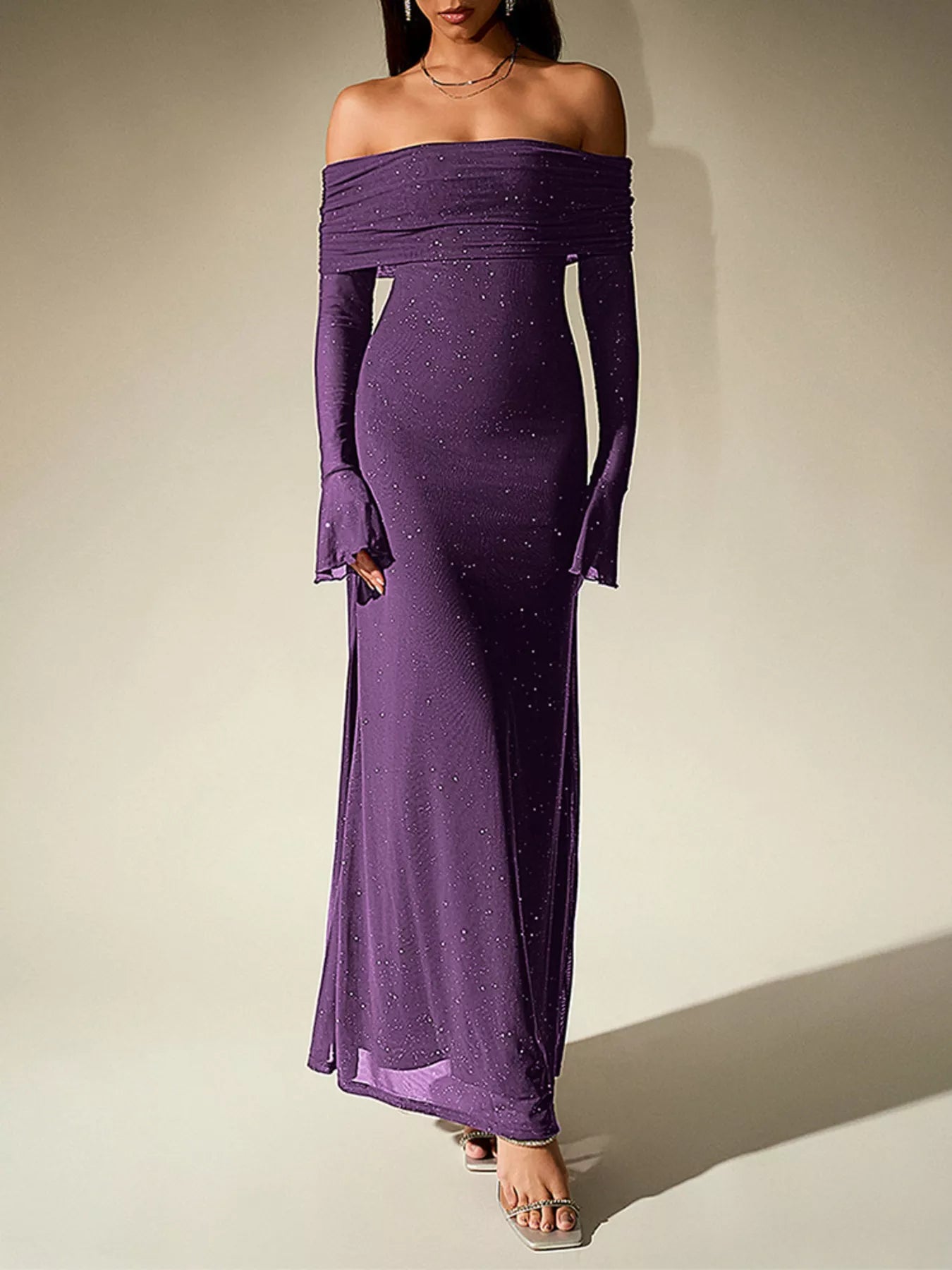 Glitter Off-Shoulder Maxi Dress in purple with sparkly details, perfect for elegant evening looks.