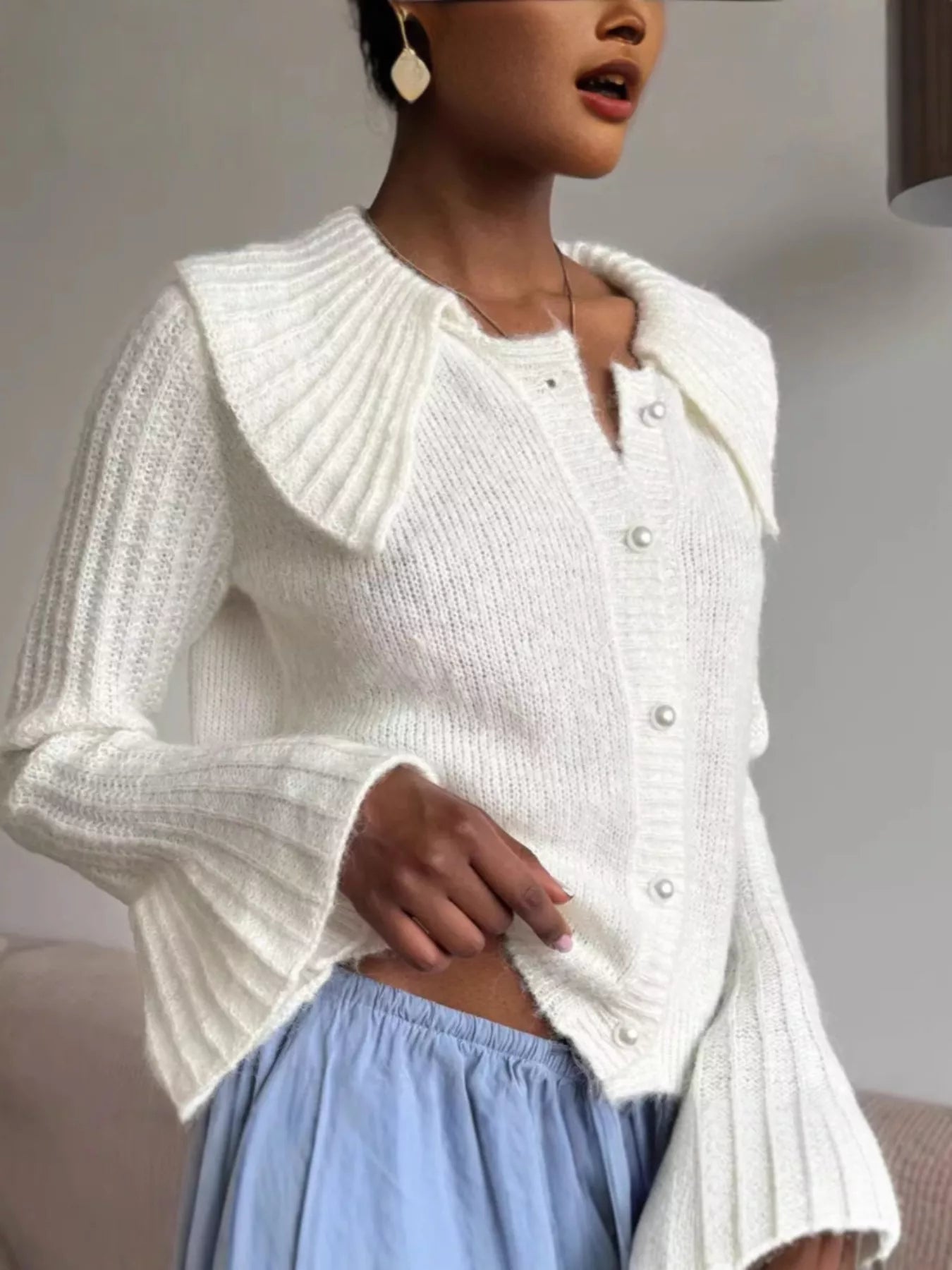 Button Up Flare Sleeve Cardigan in white, featuring buttoned front and flared sleeves, perfect for women seeking elegance.