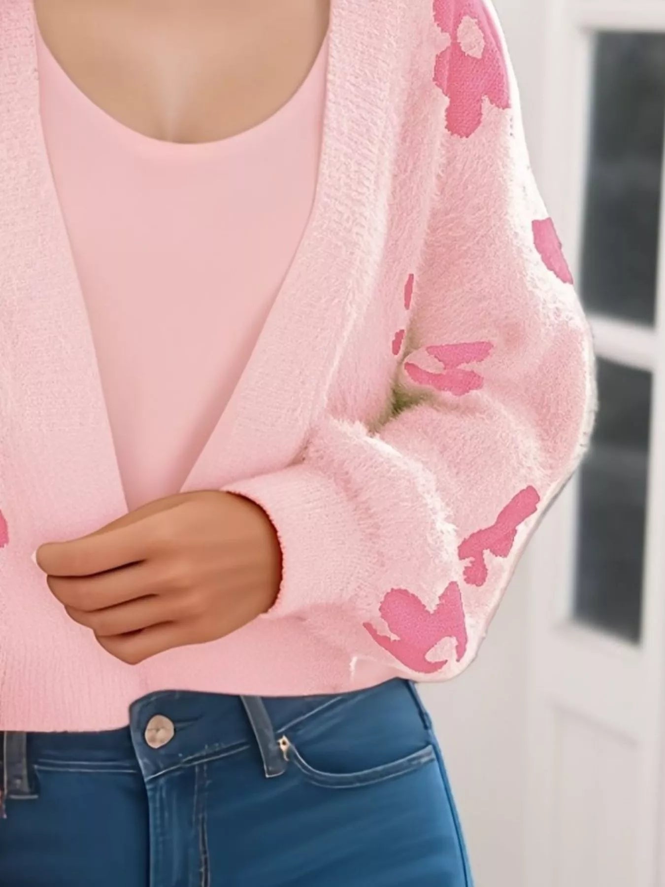Floral Open Front Cardigan for Women featuring pink floral design and slightly stretchy material, perfect for everyday style.