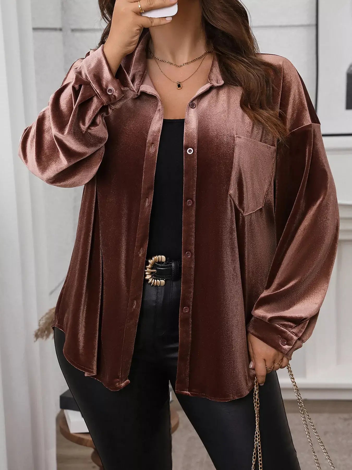 Plus Size Button-Down Long Sleeve Oversized Shirt in a rich brown color, featuring a relaxed fit and button-down front.