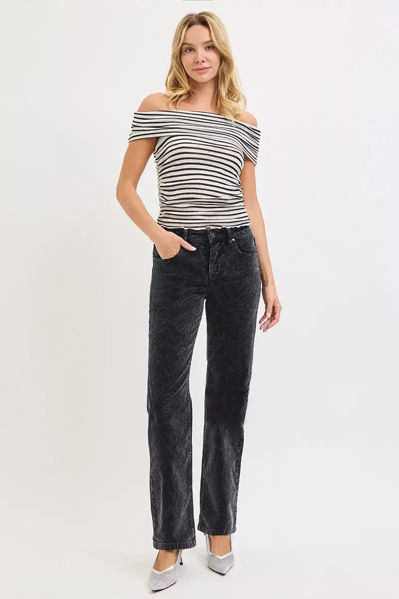 RISEN Tummy Control Mid Rise Straight Leg Corduroy Pants styled with a striped off-the-shoulder top on a model.