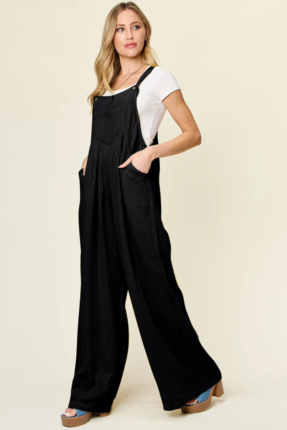 Texture Wide Strap Wide Leg Overall in black, featuring pockets, perfect for casual everyday wear.