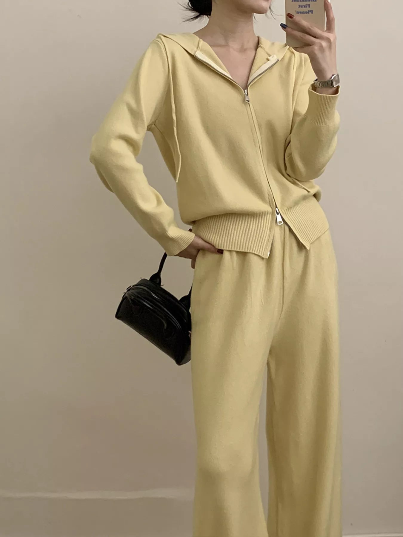 Zip Up Cardigan and Wide Leg Pants Knit Set – Women's Two Piece Outfit in yellow, featuring a hoodie and wide leg pants.