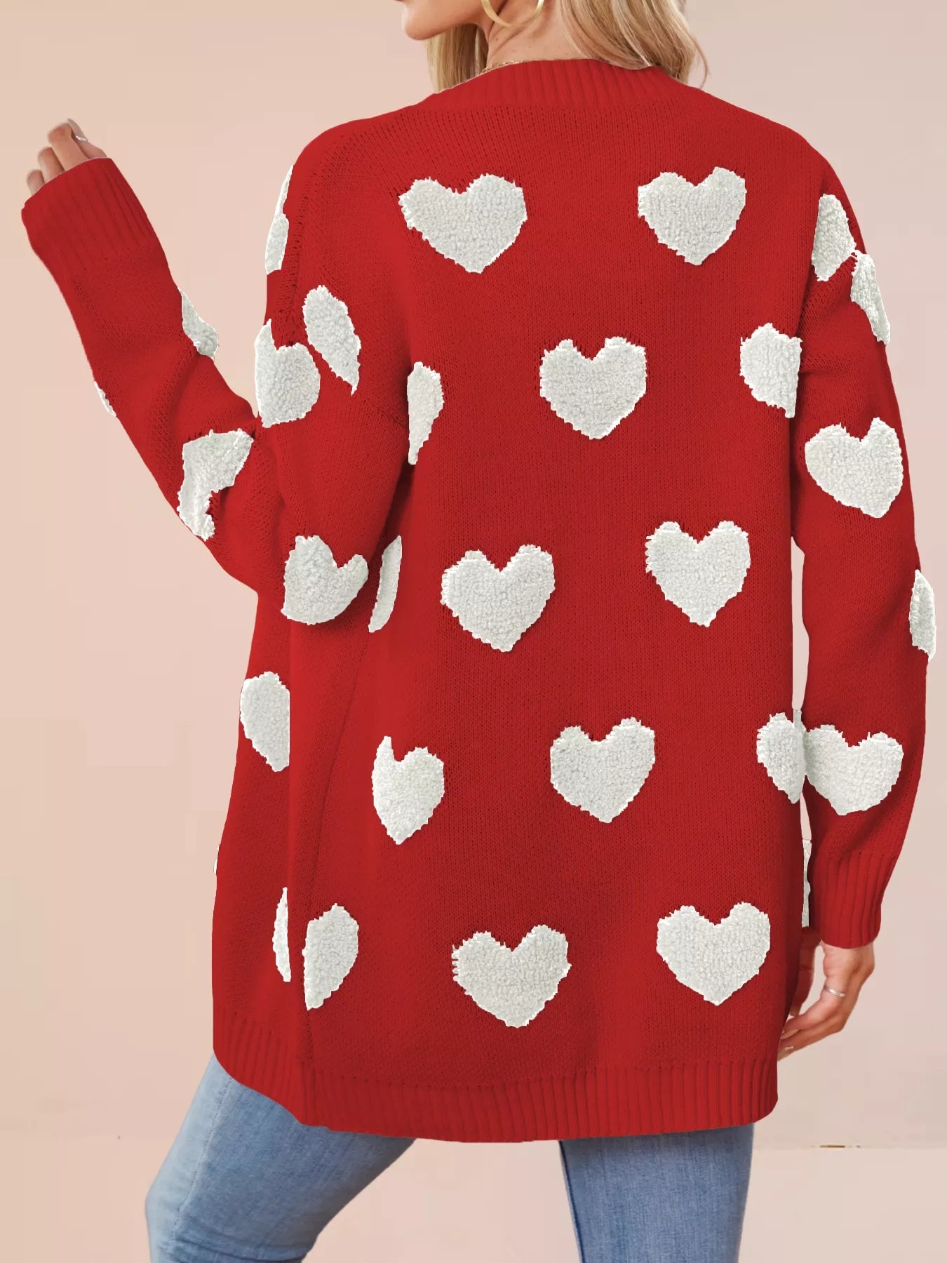 Heart Pattern Knit Button Up Cardigan for Women in red with white heart design, slightly stretchy, ribbed, machine washable.