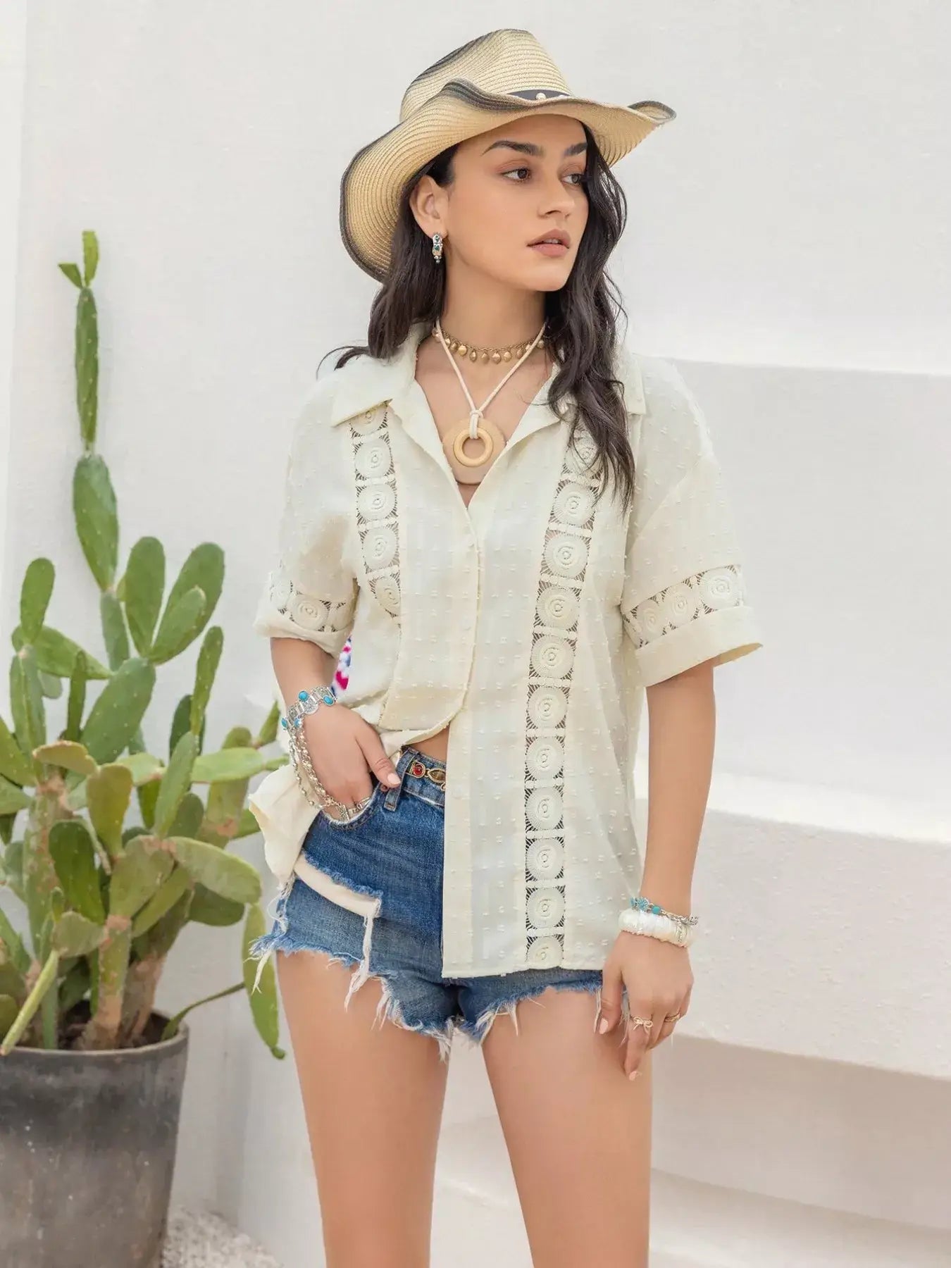 Collared Neck Half Sleeve Shirt styled with denim shorts and a hat, perfect for modern everyday elegance.