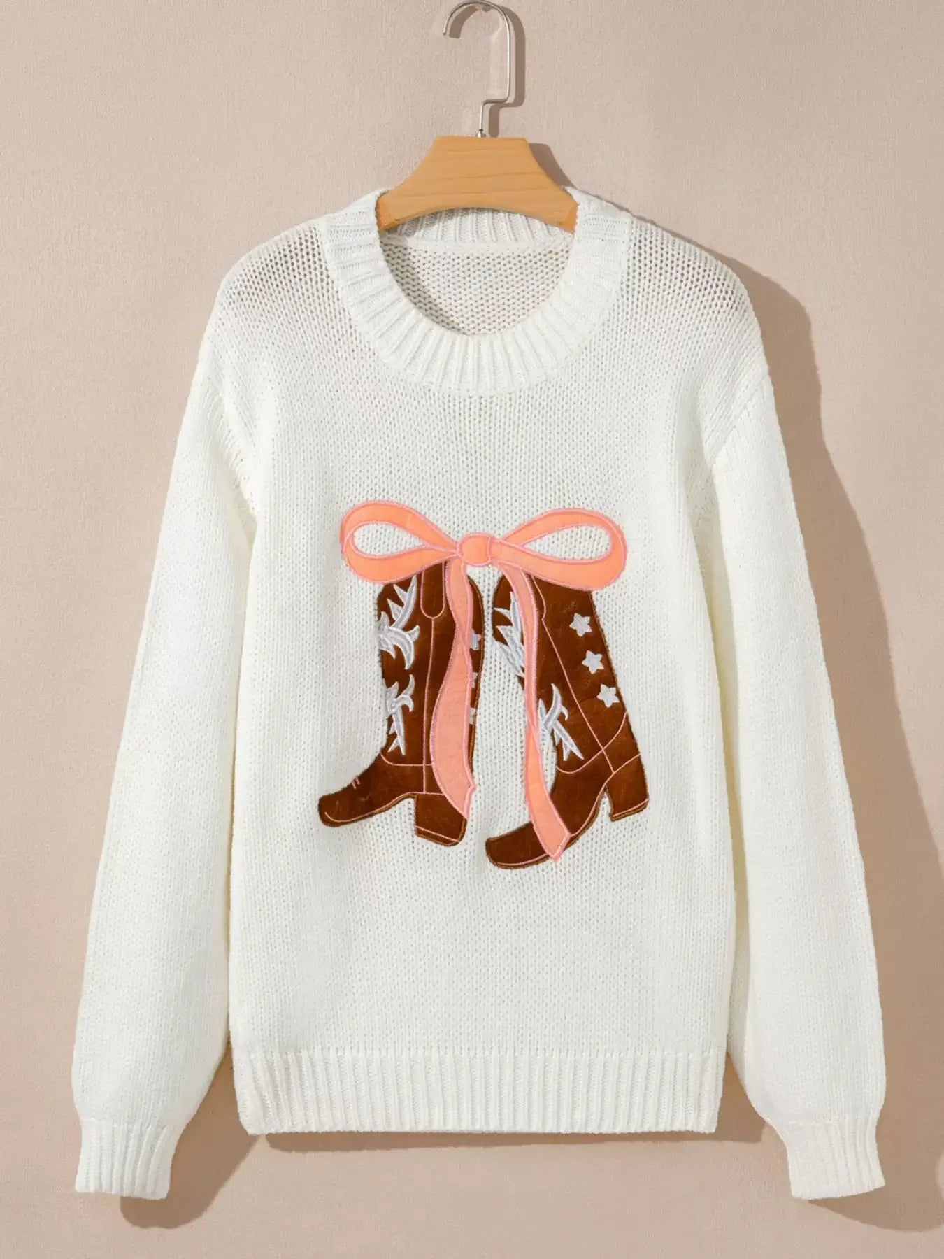 Embroidered Bow Boots Graphic Drop Shoulder Sweater – Cozy Knit with playful boots-and-bows graphic on a white background.