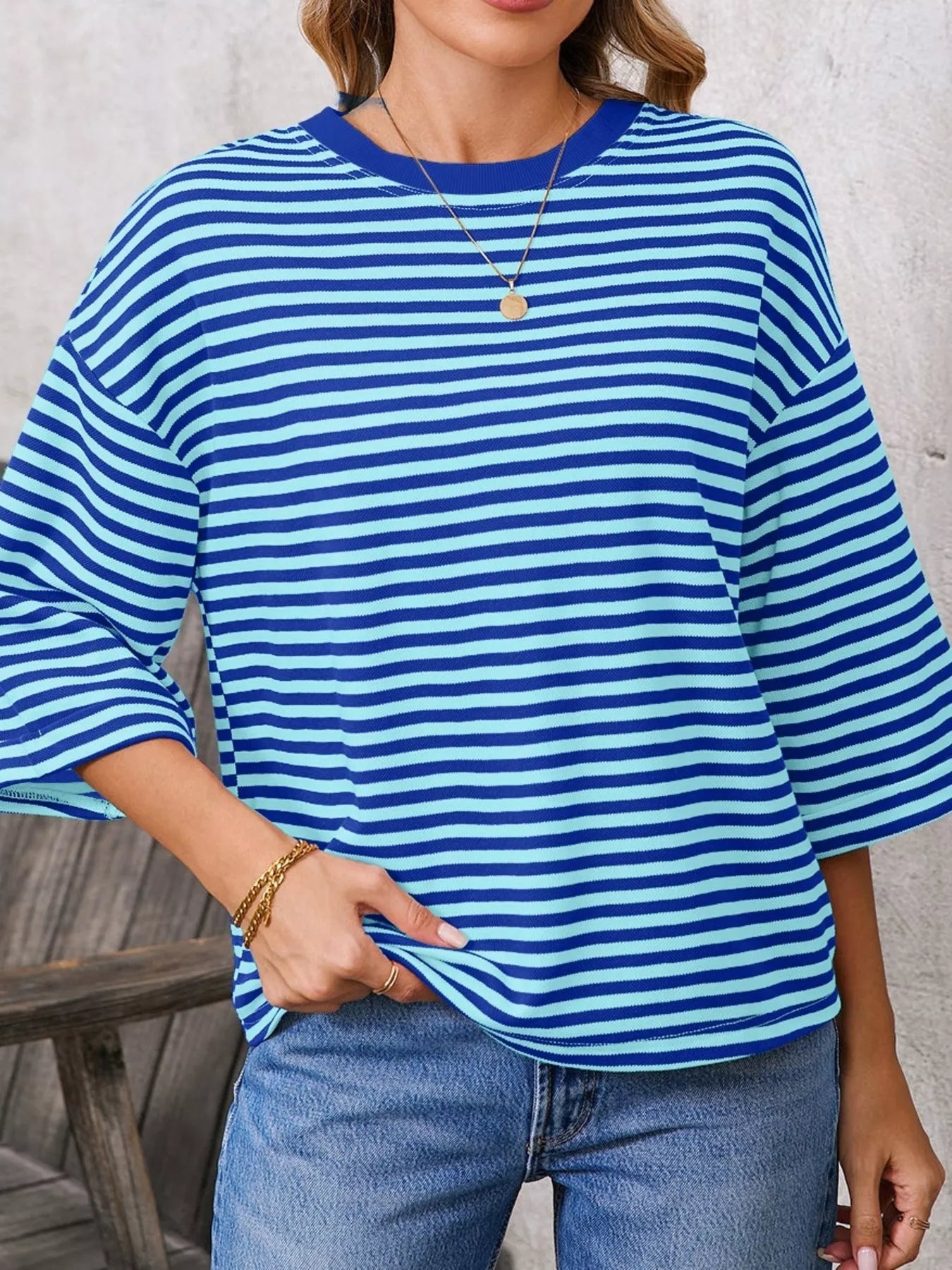 Striped Back Bow Tie T-Shirt for Casual Everyday Style featuring a blue and white striped design.