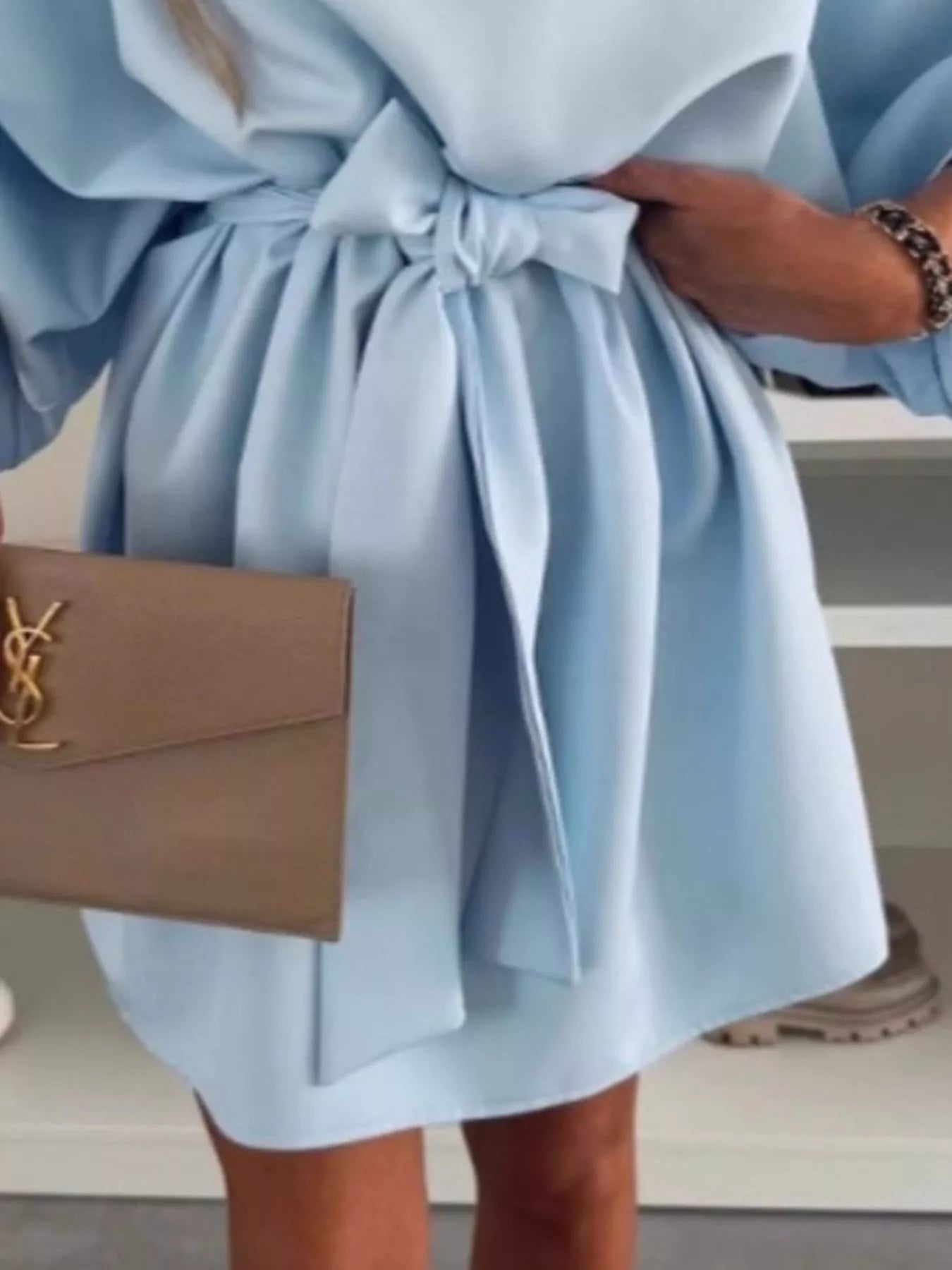 Batwing Sleeve Tie Waist Mini Dress featuring a light blue design with a belted waist, perfect for casual wear.