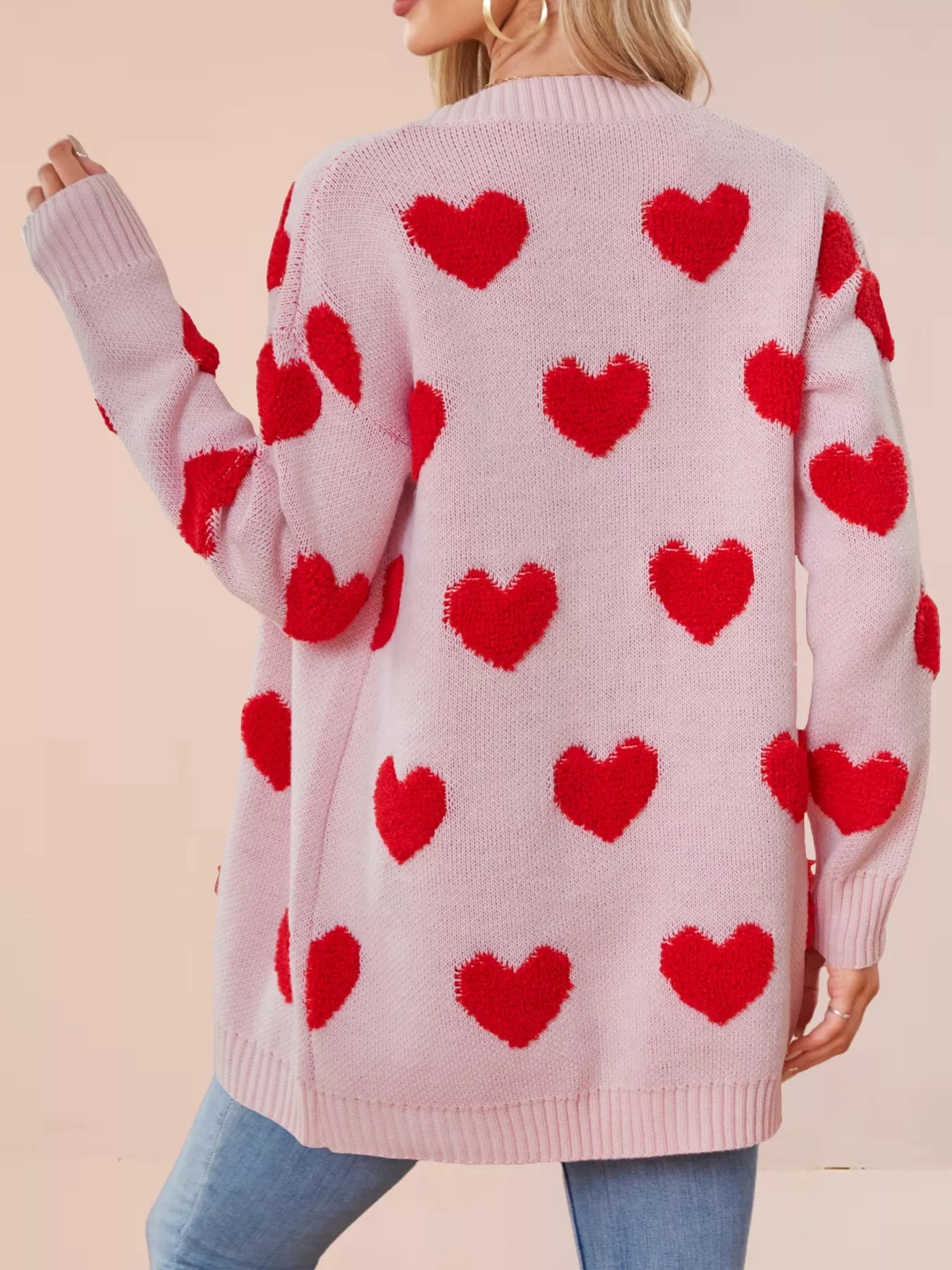 Heart Pattern Knit Button Up Cardigan for Women in pink with red hearts, perfect for stylish layering.