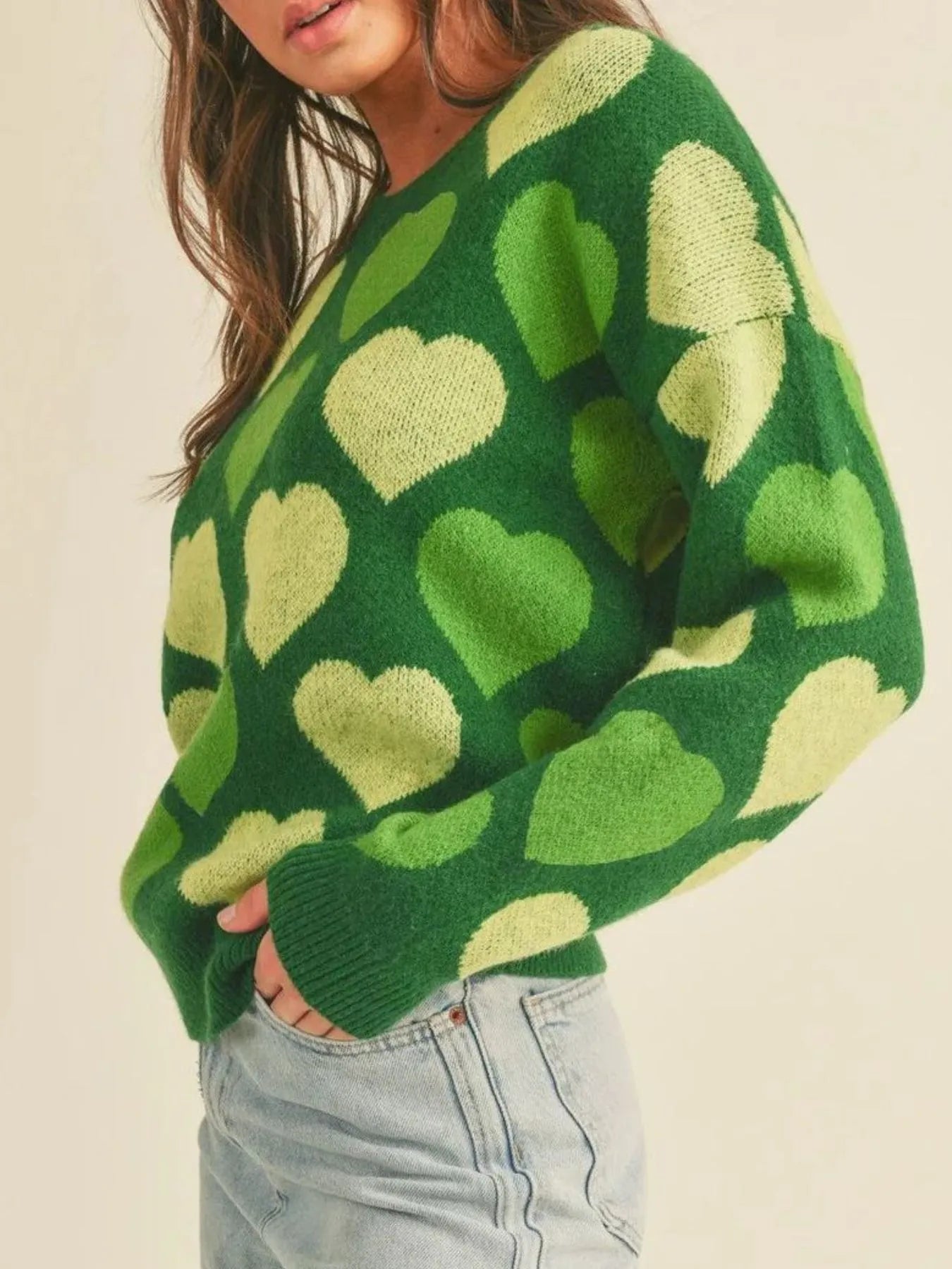 Heart Ribbed Hem Long Sleeve Sweater in green with heart patterns for everyday style and comfort.