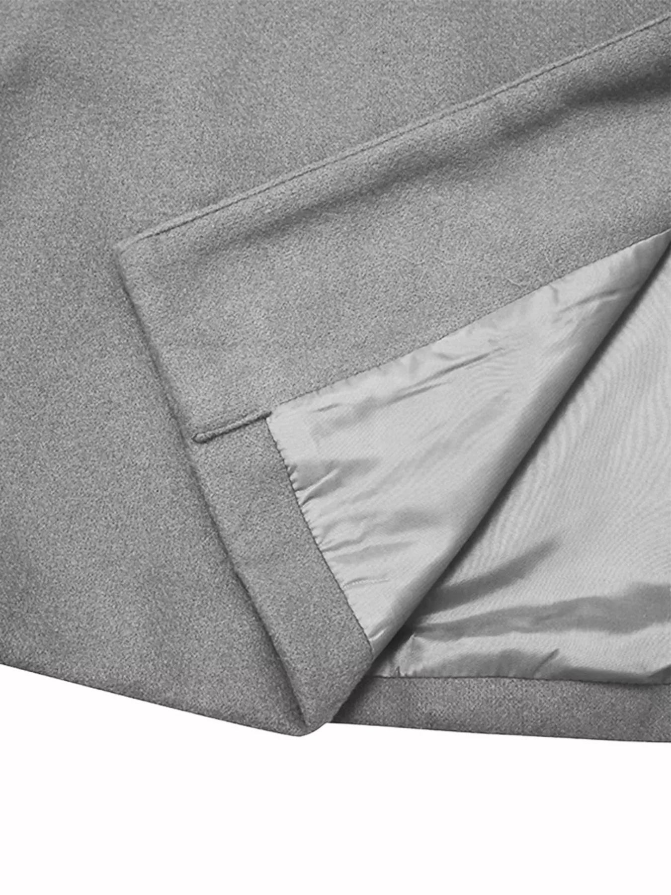 Full Size Single Breasted Long Sleeve Overcoat interior lining detail in gray fabric.