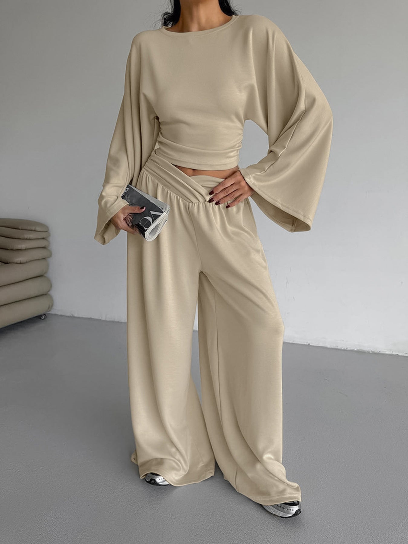 Round Neck Top and Wide Leg Pants Set – Chic Two Piece Outfit in beige, featuring a stylish top and wide-leg pants.