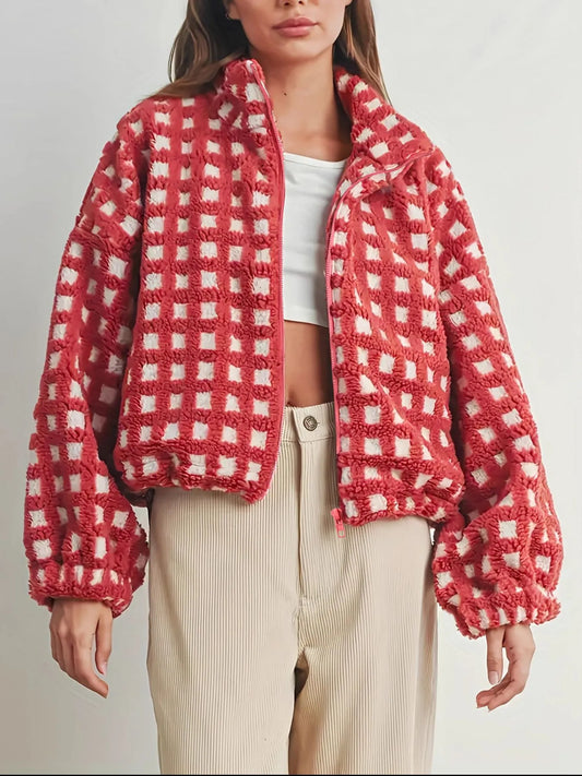 Fleece Checkered Puff Sleeve Bomber Jacket for cozy style with oversized fit and zipper closure.
