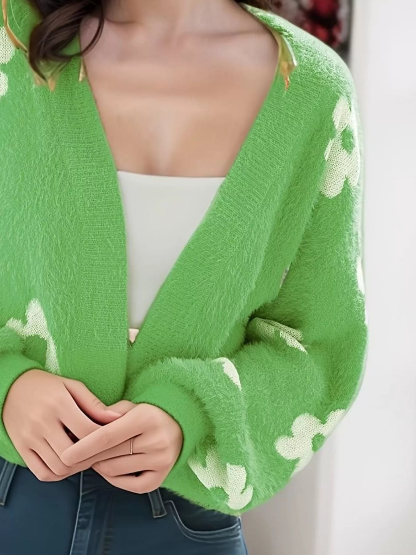 Floral Open Front Cardigan for Women featuring a vibrant green color and stylish design, perfect for everyday wear.