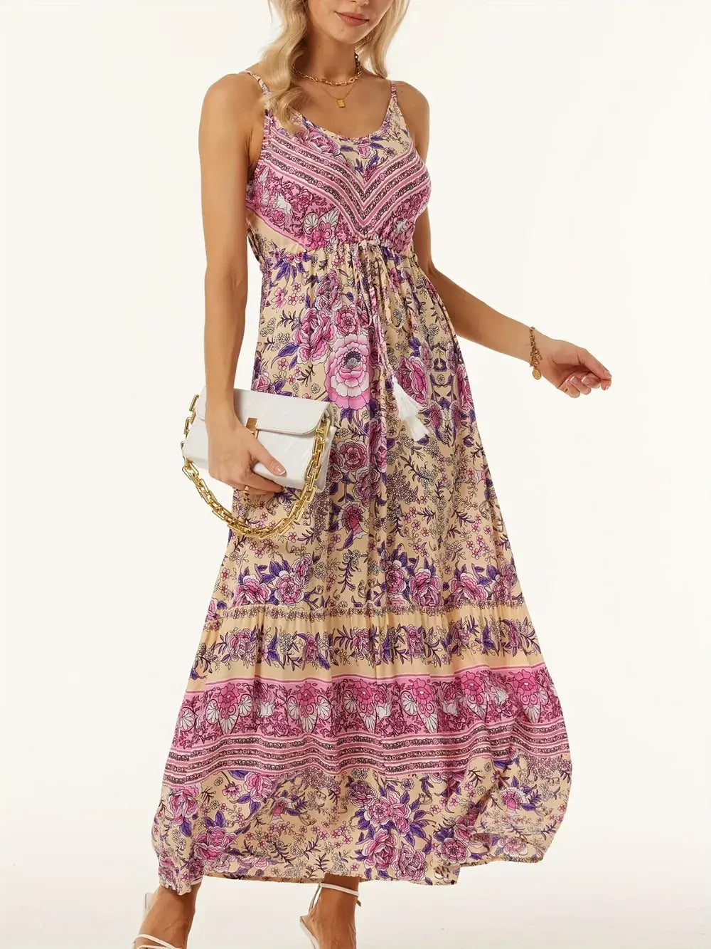Model wearing a Printed Scoop Neck Midi Cami Dress with floral prints, perfect for summer outings and casual comfort.