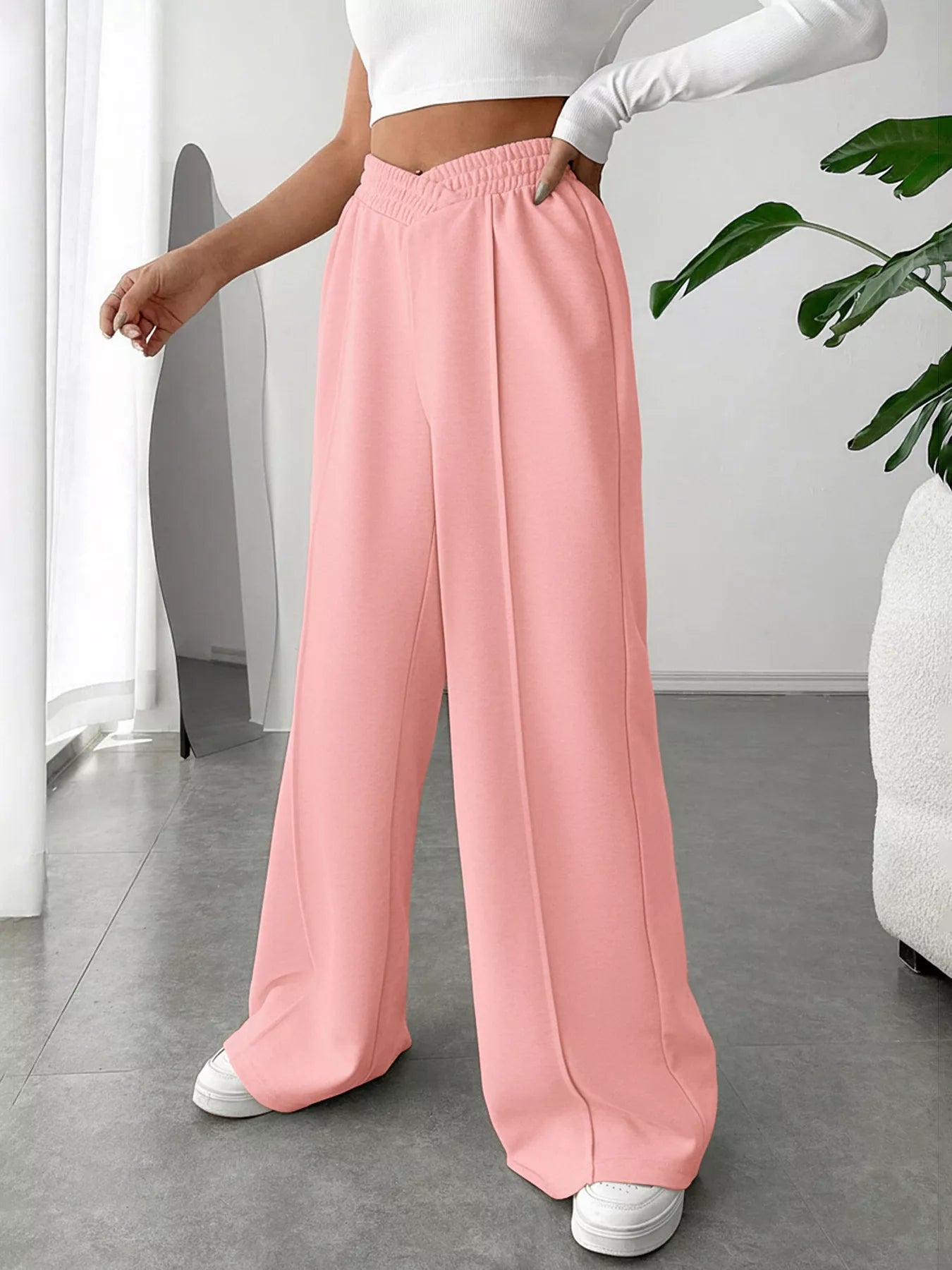 Wide Leg High Waist Pants in pink color, featuring a basic style and an elegant fit for everyday wear.