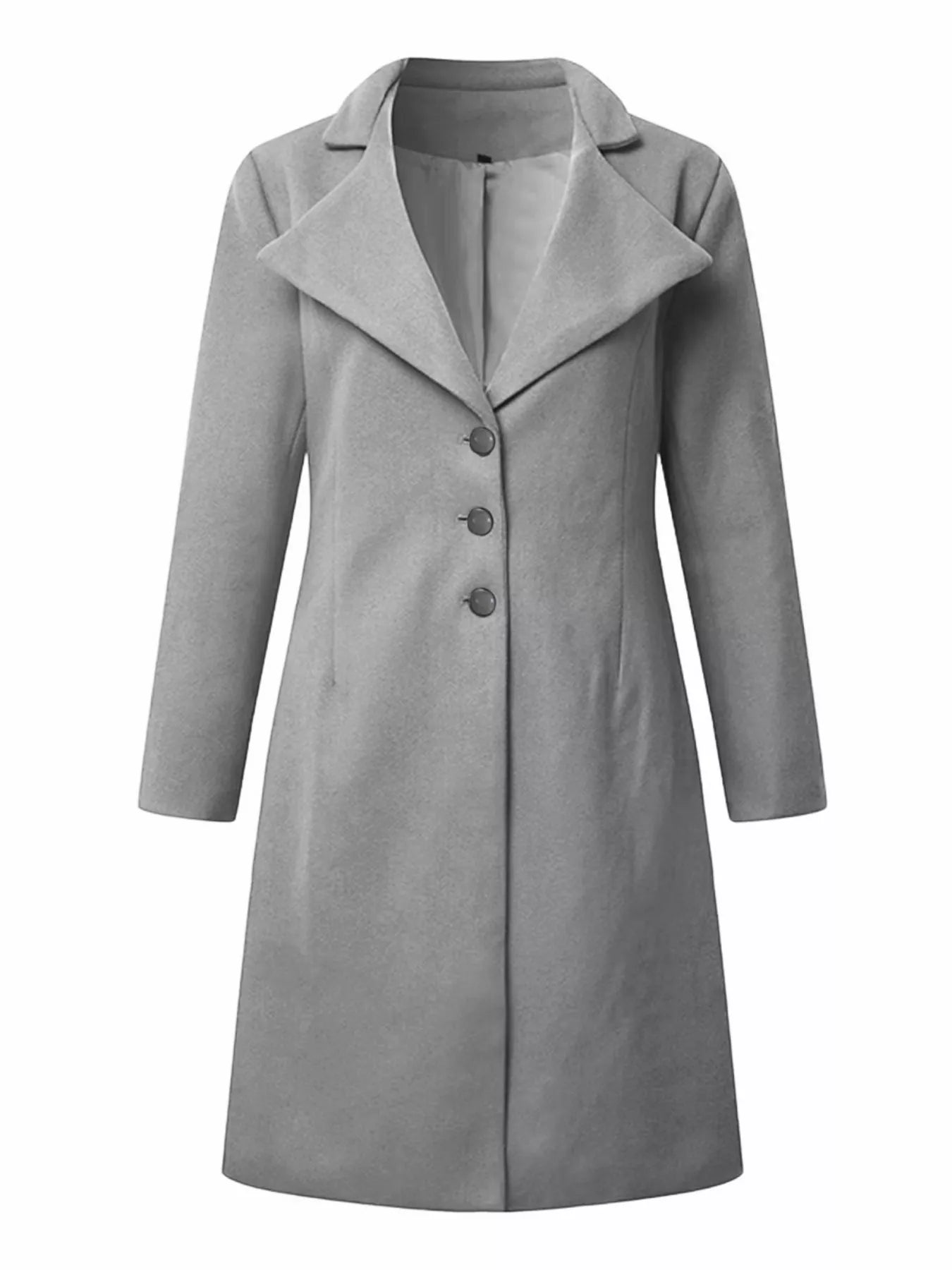 Full Size Single Breasted Long Sleeve Overcoat for Women in gray with buttoned front and stylish collar.