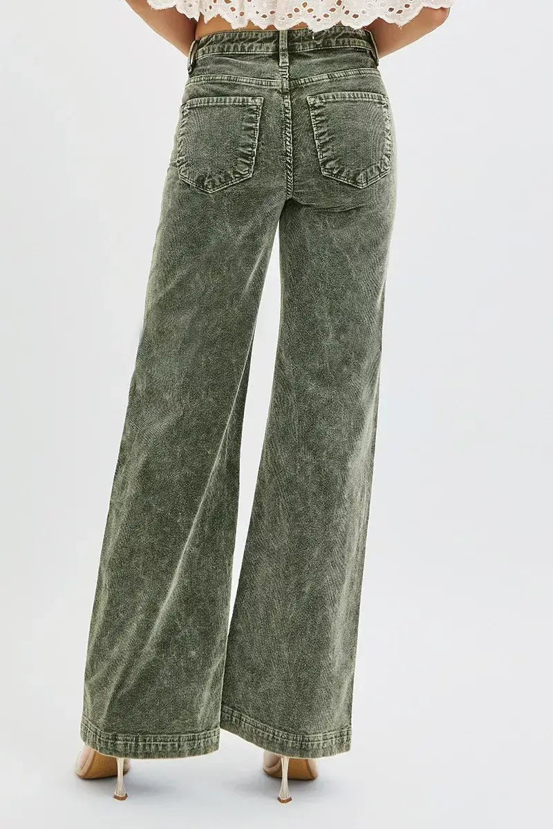 Back view of RISEN high rise wide leg corduroy jeans in green, showcasing a flattering fit and stylish design.