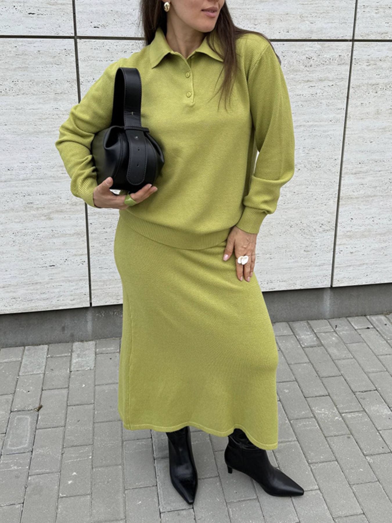 Polo Collar Knit Two Piece Set in green featuring a buttoned top and matching skirt, paired with stylish accessories.