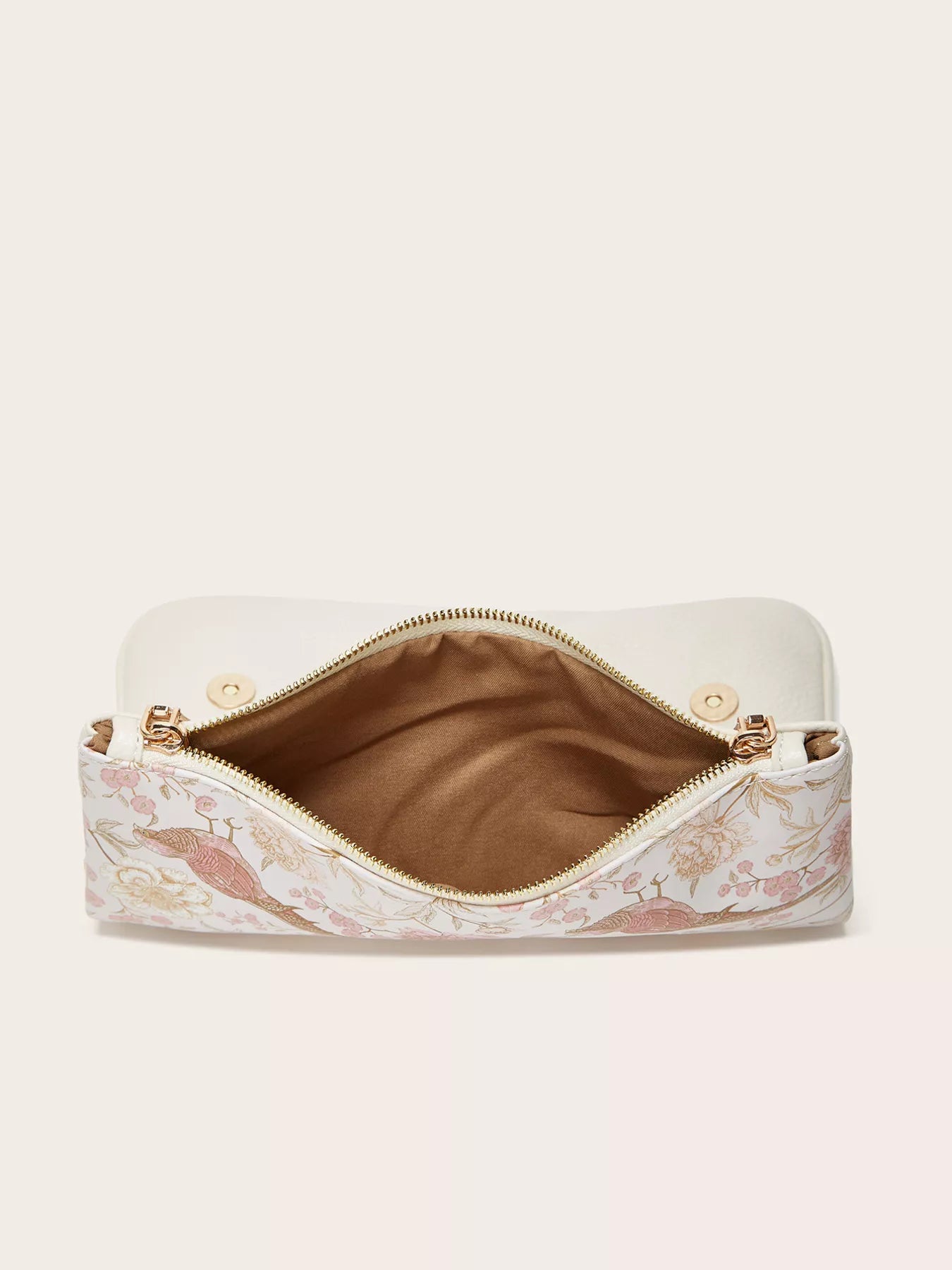 Interior view of Floral Chain Shoulder Bag with floral design, showcasing the spacious tan lining.