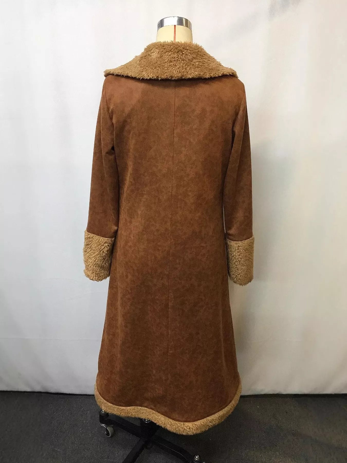 Back view of a Full Size Vintage Faux Fur Trim Longline Coat showcasing its stylish design and warm material.