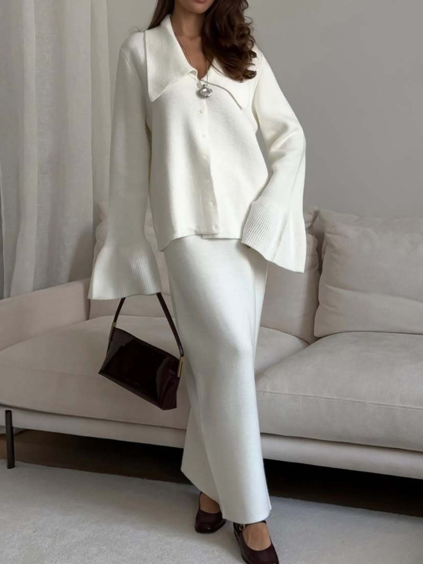 Button Down Cardigan and Skirt Knit Set – Women's Two Piece Outfit in white with a stylish bell sleeve cardigan