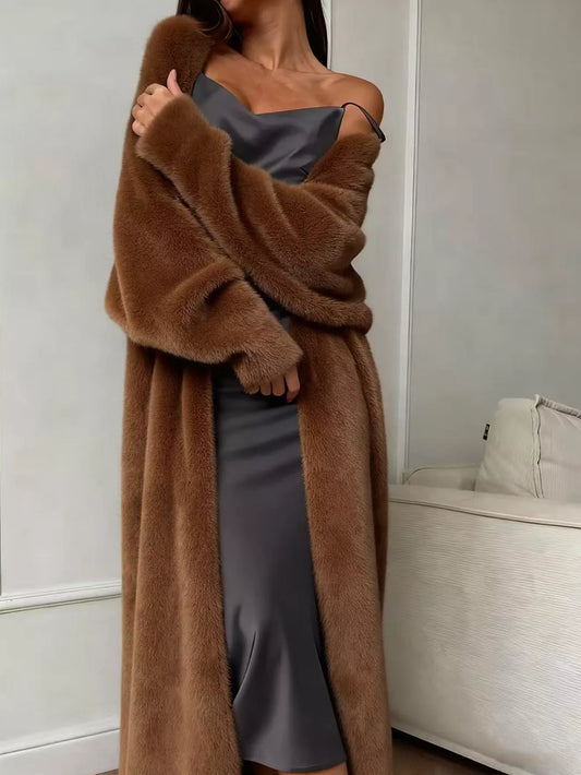 Fuzzy Open Front Longline Cardigan worn over a silky gray dress, showcasing a cozy and stylish outfit.