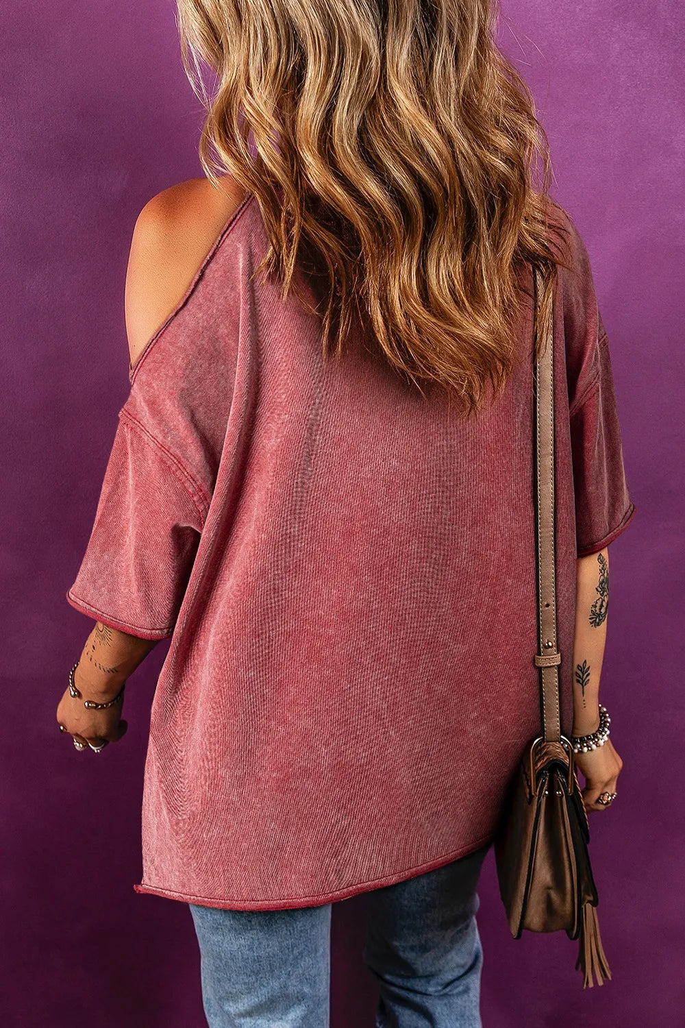 One Shoulder Half Sleeve Oversized Tunic T Shirt for Women featuring distressed design and cutout back style.