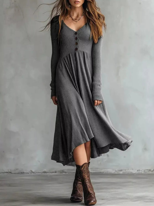 Ribbed Knit Button Down Midi Sweater Dress in gray, featuring a flared skirt and button details, styled with brown boots.