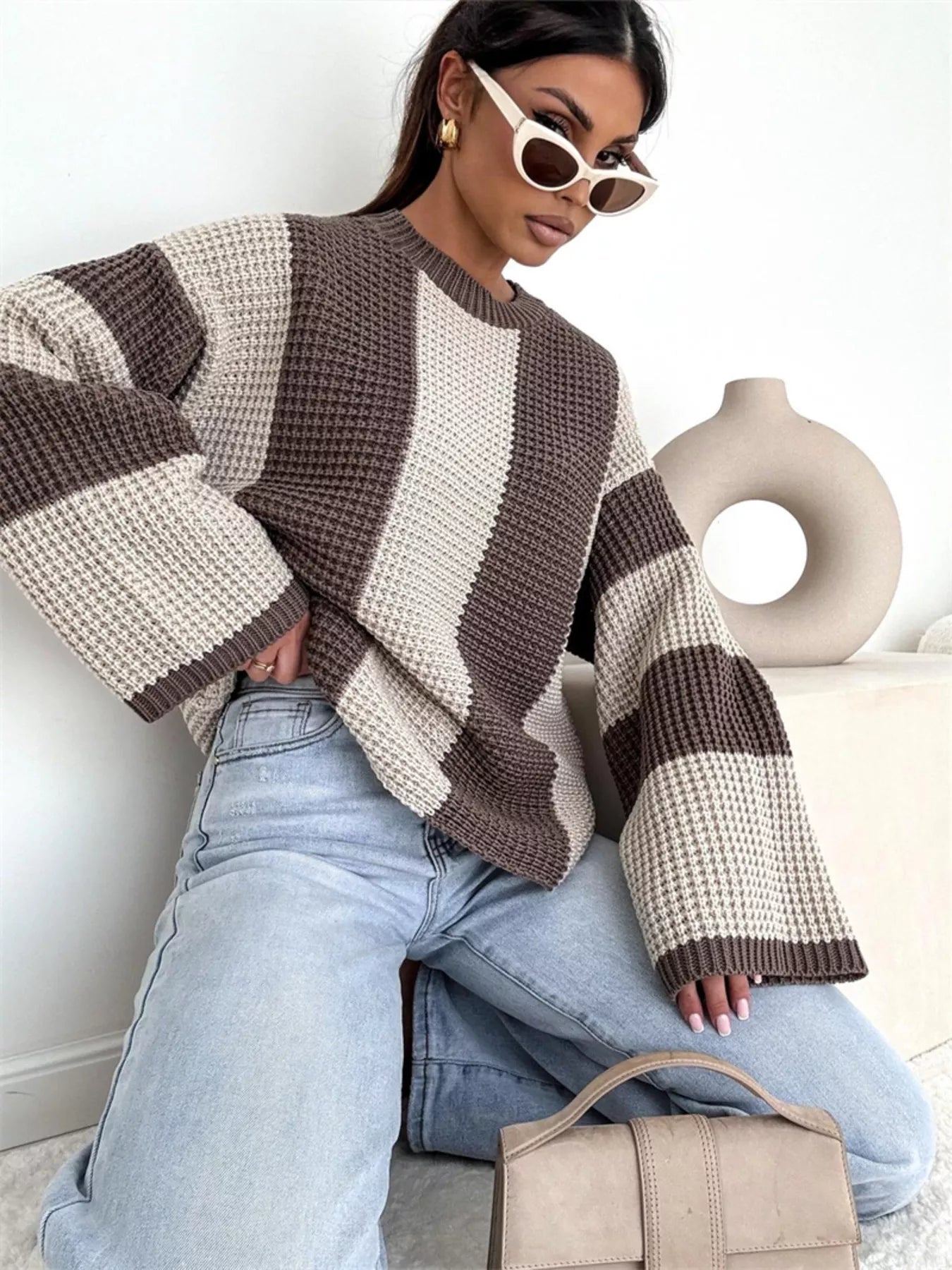 Color Block Long Sleeve Sweater in oversized cozy knit style, featuring brown and cream stripes, paired with light jeans.