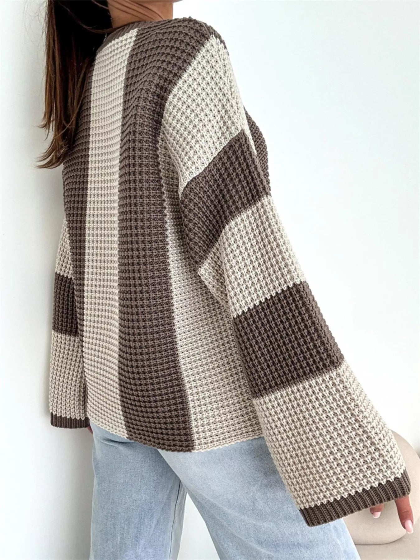 Color Block Long Sleeve Sweater in oversized knit with bell sleeves, featuring neutral beige and brown stripes.
