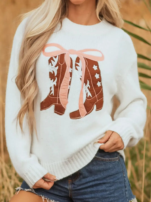 Embroidered bow boots graphic drop shoulder sweater featuring playful boots and bows design on a cozy knit.