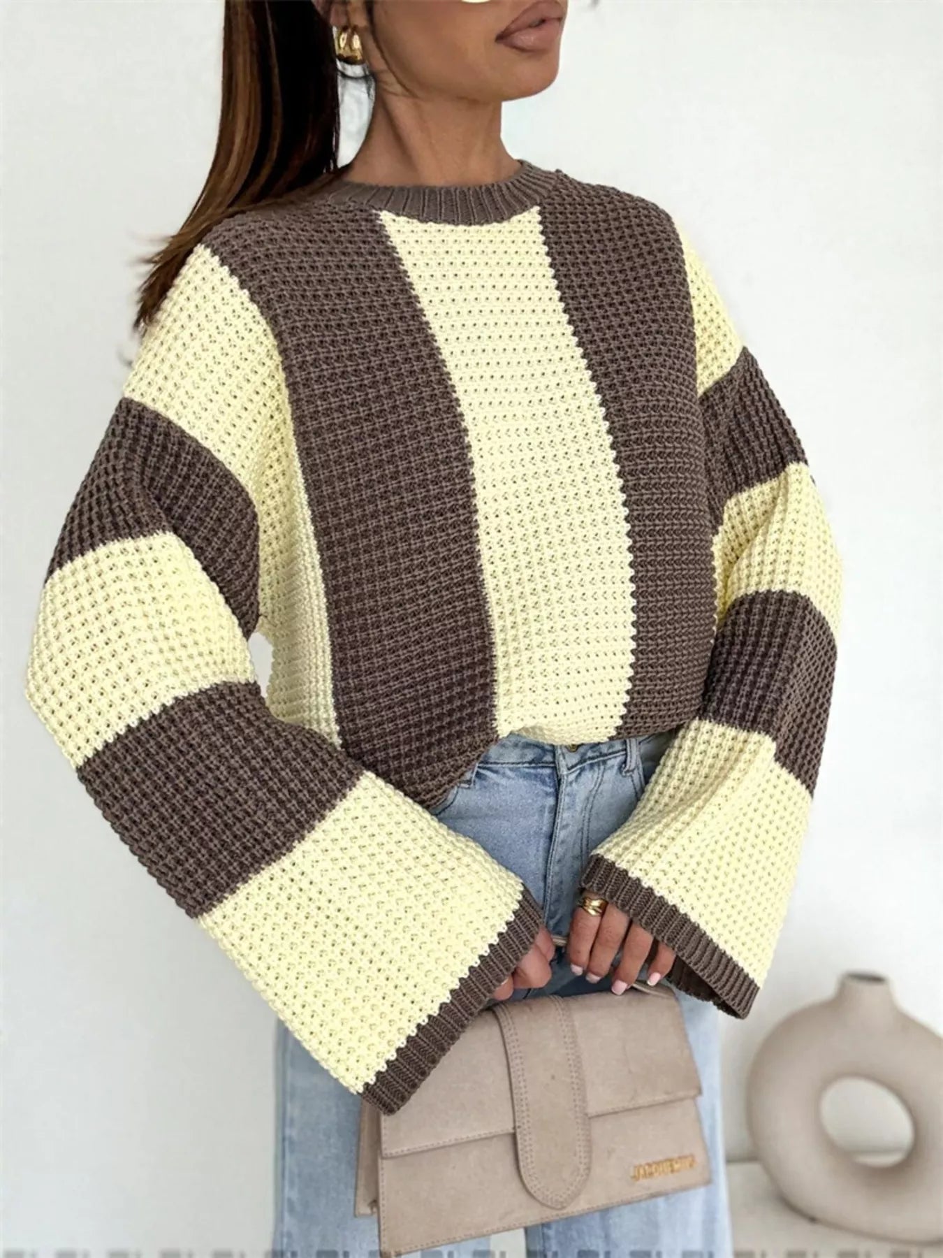 Color Block Long Sleeve Sweater in oversized knit style featuring yellow and brown stripes.