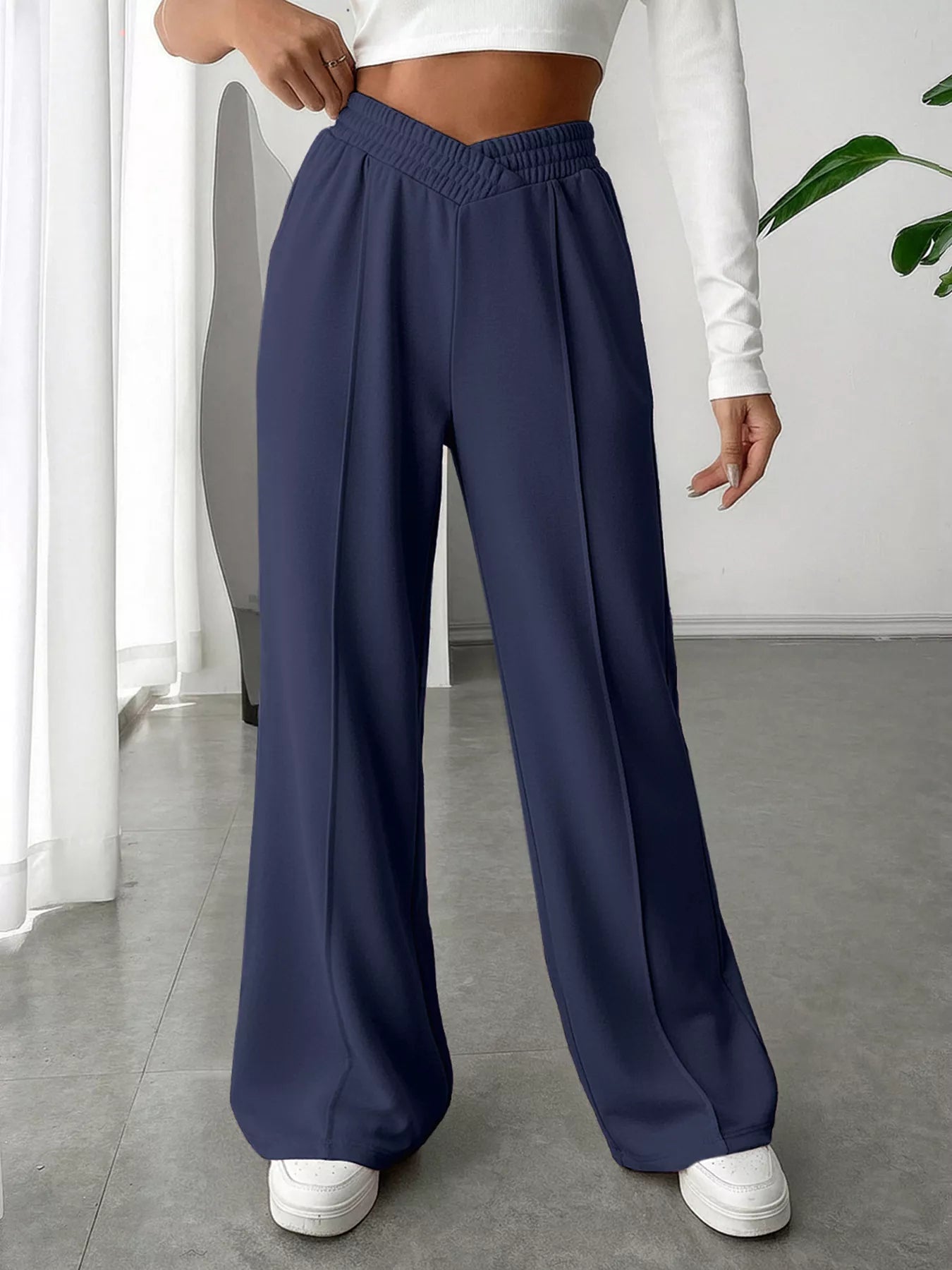 Wide Leg High Waist Pants in navy, embodying elegant everyday style with a comfortable fit.