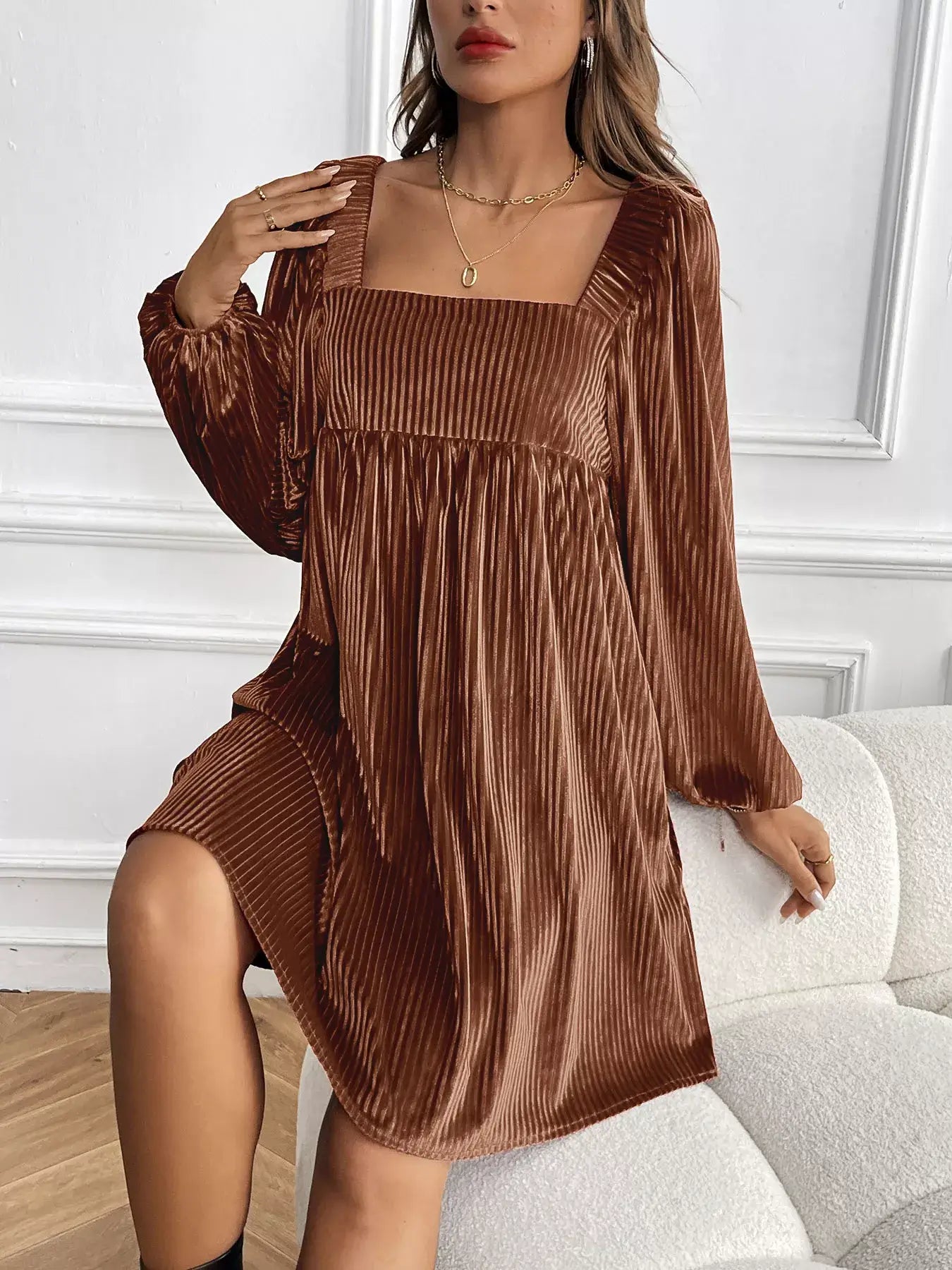 Velvet Square Neck Long Sleeve Dress model showcasing elegant evening style in rich brown color.
