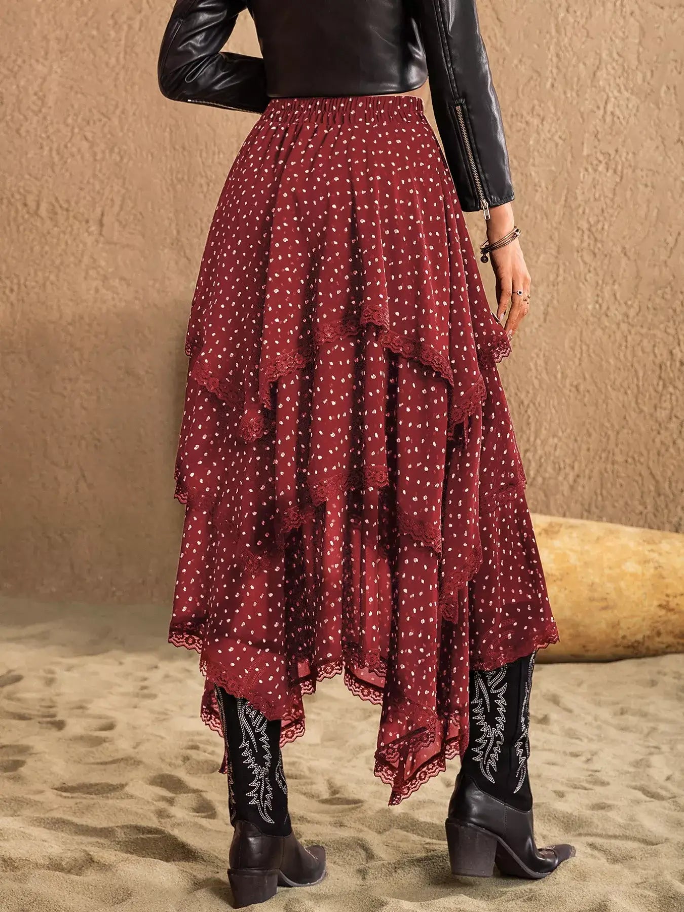 Lace Detail Layered Skirt showcasing a flowing silhouette and delicate lace details, perfect for elegant and feminine occasions.