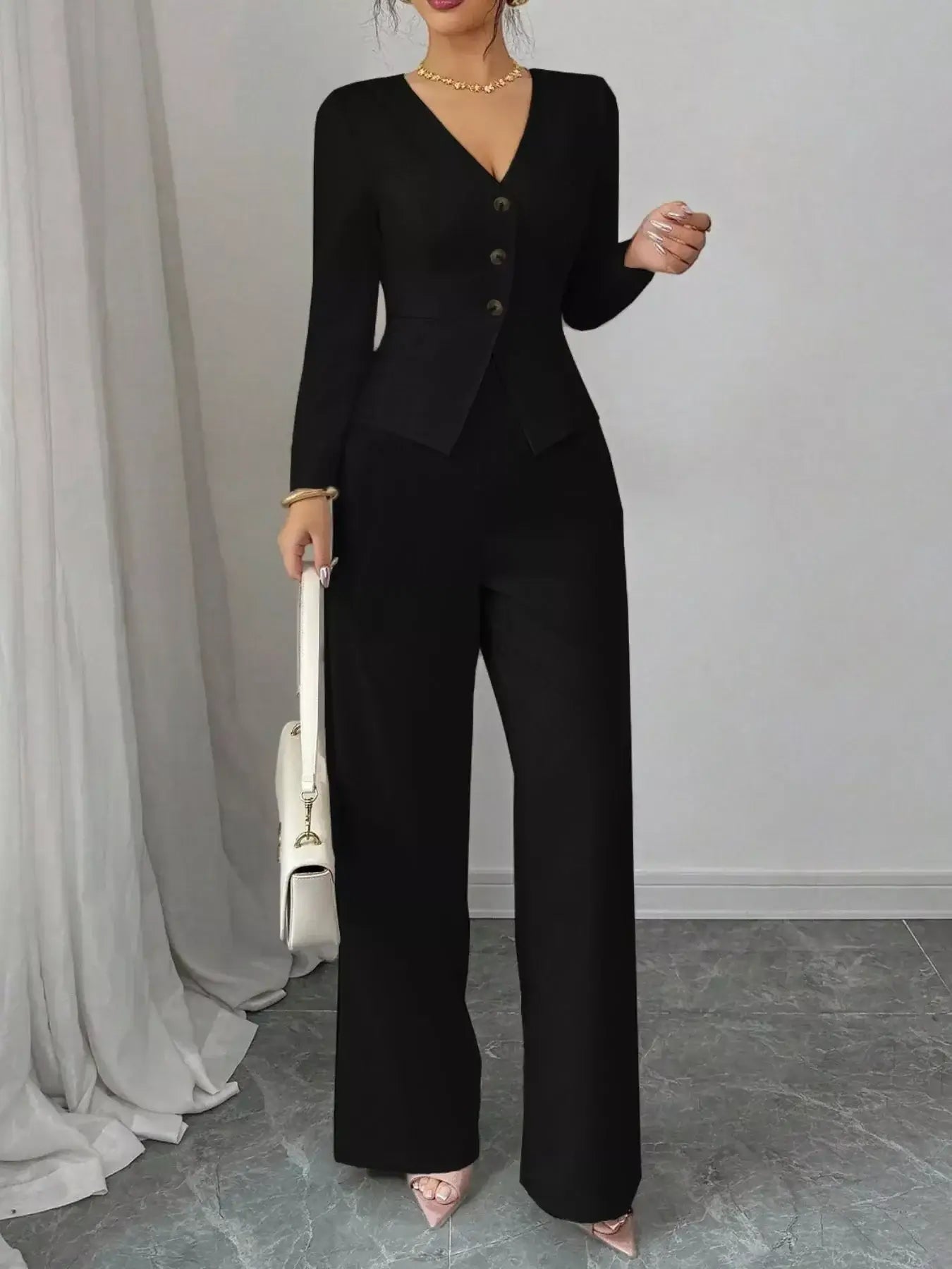 Button Up Long Sleeve Top and Pants Set for Everyday Chic in black with stylish design