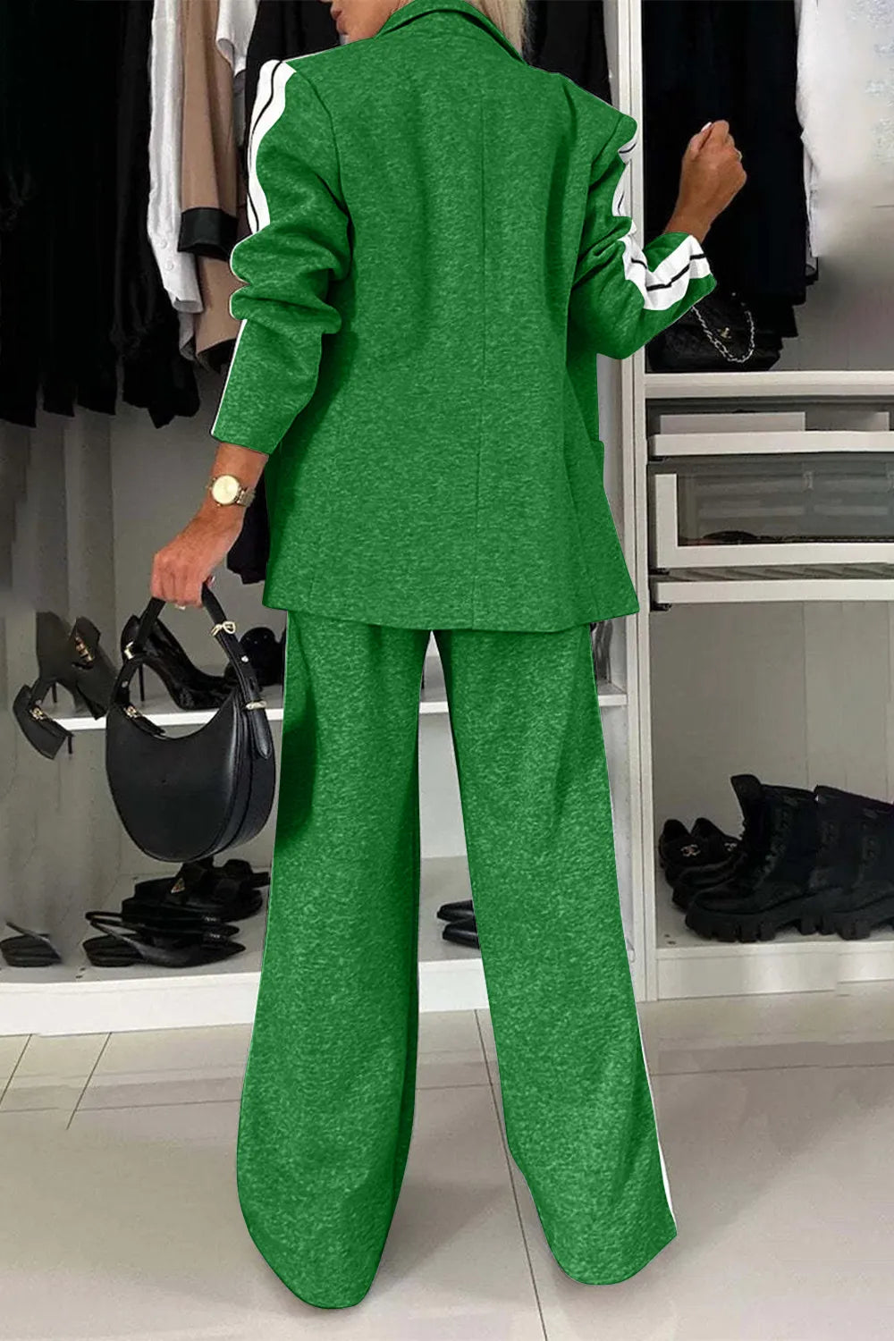 Full Size Contrast Lapel Collar Top and Pants Set in green, featuring a back view with a stylish blazer and wide-leg pants.