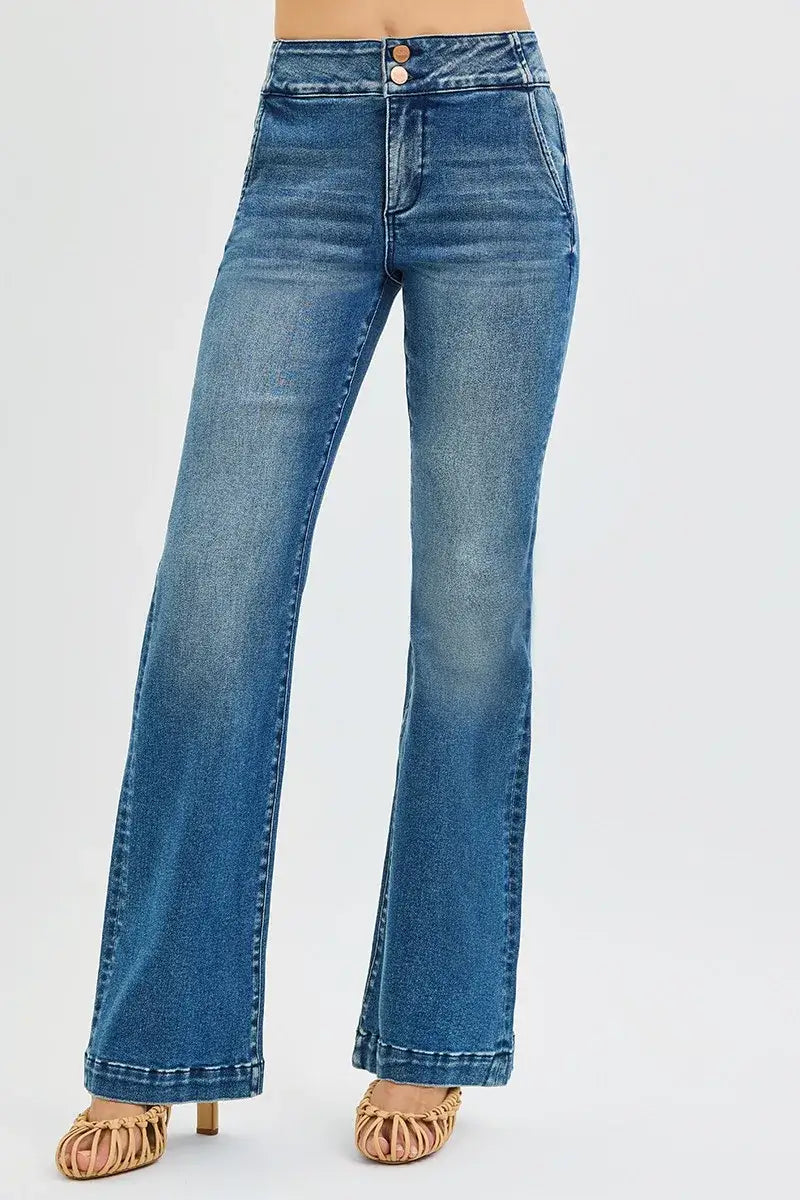 RISEN plus size high rise bootcut jeans with double button waistband, featuring a retro-inspired cut and comfortable stretch.