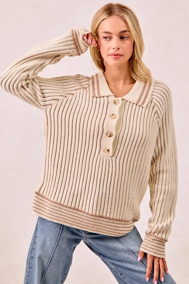 BiBi half button ribbed two tone sweater in cream, showcasing button-front and ribbed design, perfect for casual styles.
