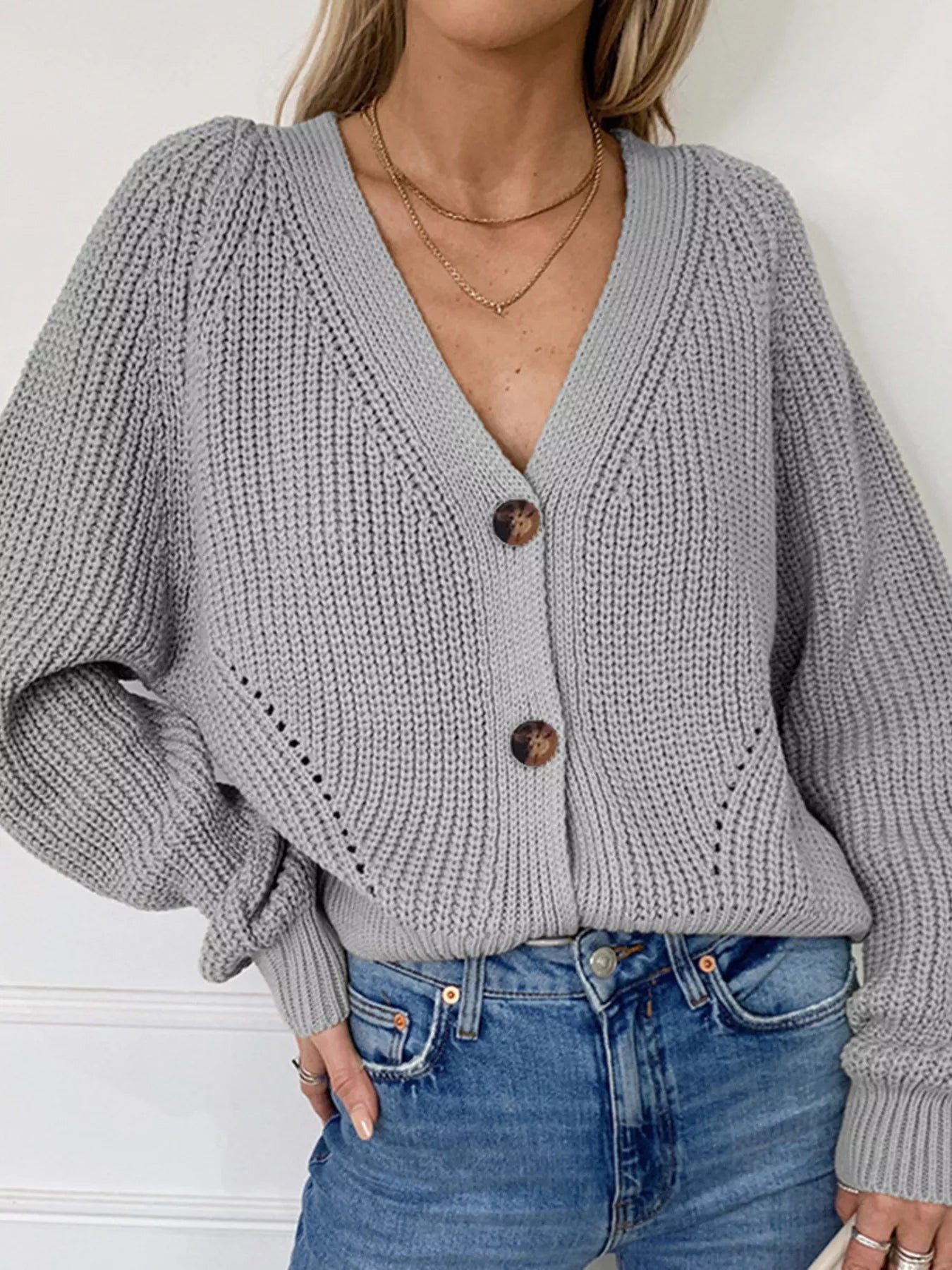 Chunky Knit Button Down Cardigan in gray featuring a V-neck and buttons, perfect for cozy layered style.