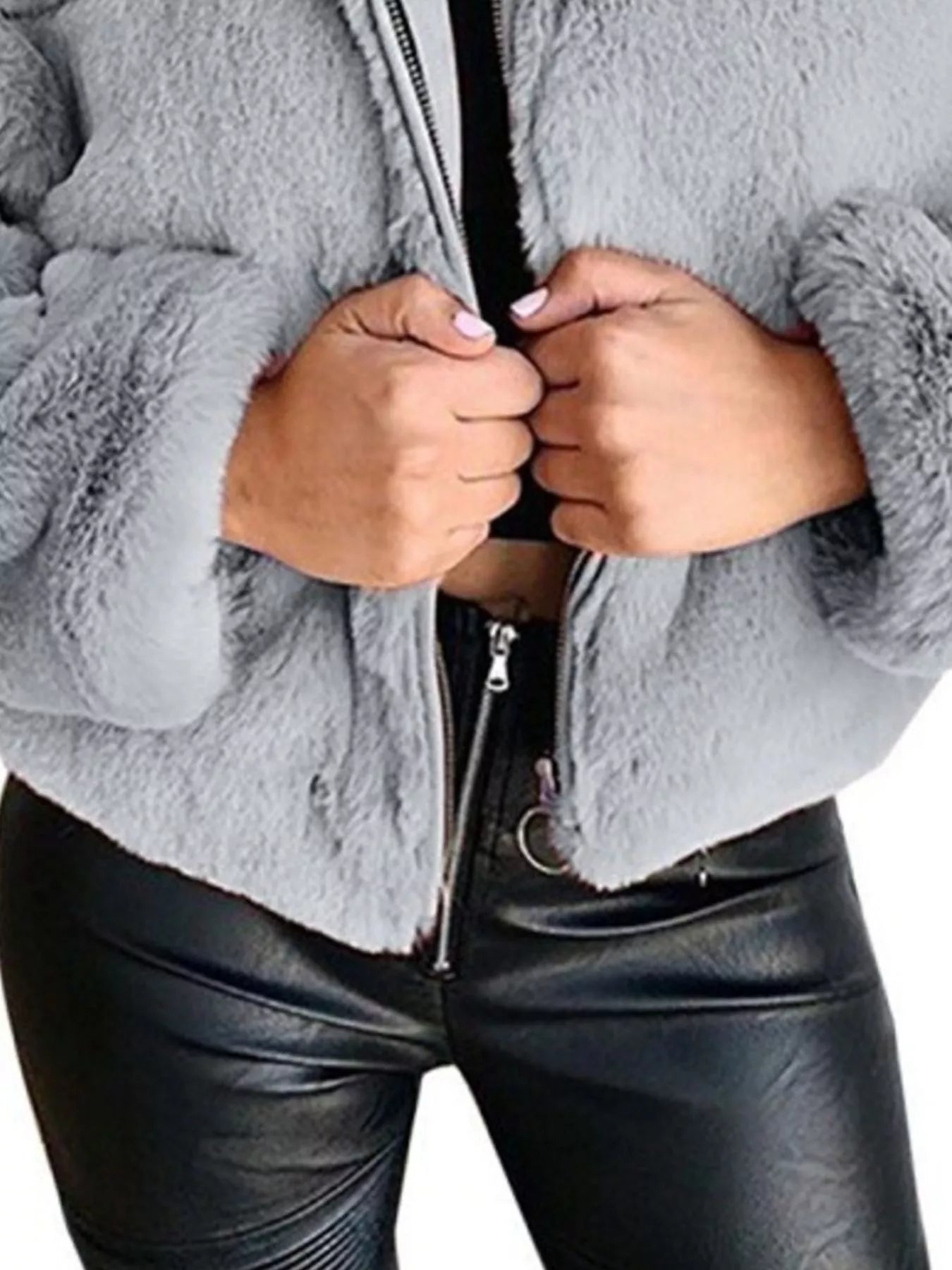 Faux Fur Cropped Zip-Up Jacket in gray, featuring an oversized fit, zipper closure, and cozy texture for cold-season style.