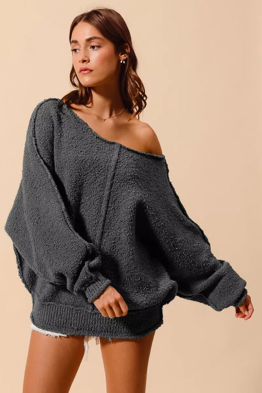 SO ME Loose Fit Exposed Seam Slouchy Boucle Sweater for Women in a trendy gray color