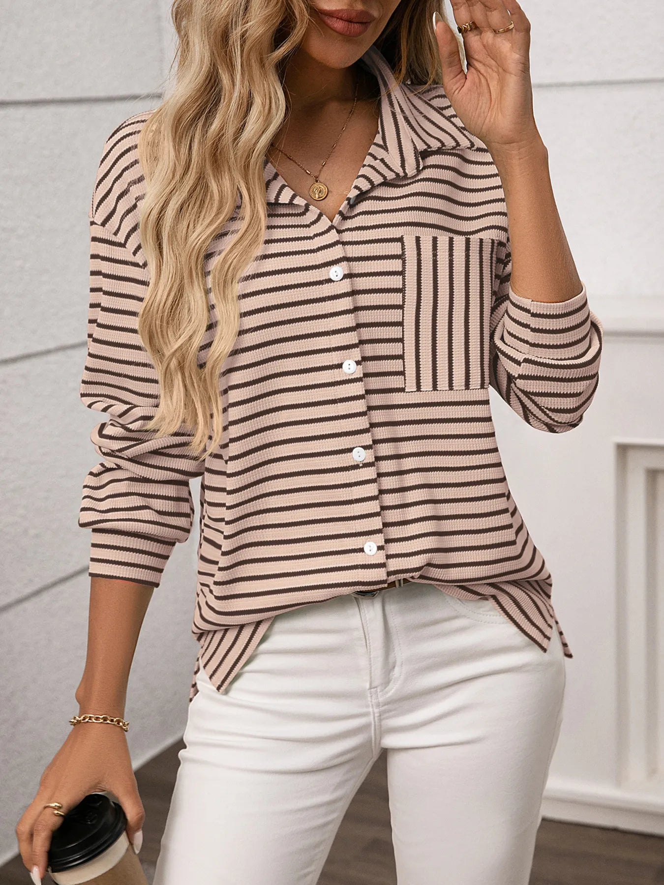 Striped Button Up Long Sleeve Shirt for Everyday Wear, featuring a stylish pocket and slightly stretchy fabric.