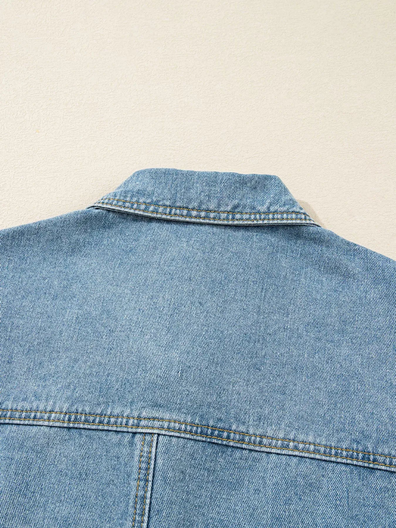 Back view of a Patched Pockets Denim Jacket for Women, showcasing its classic style and light blue color.