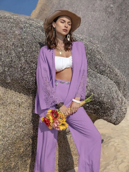 Lace Detail Open Front Cover Up and Pants Set for Women worn by model on the beach, showcasing elegance and style.