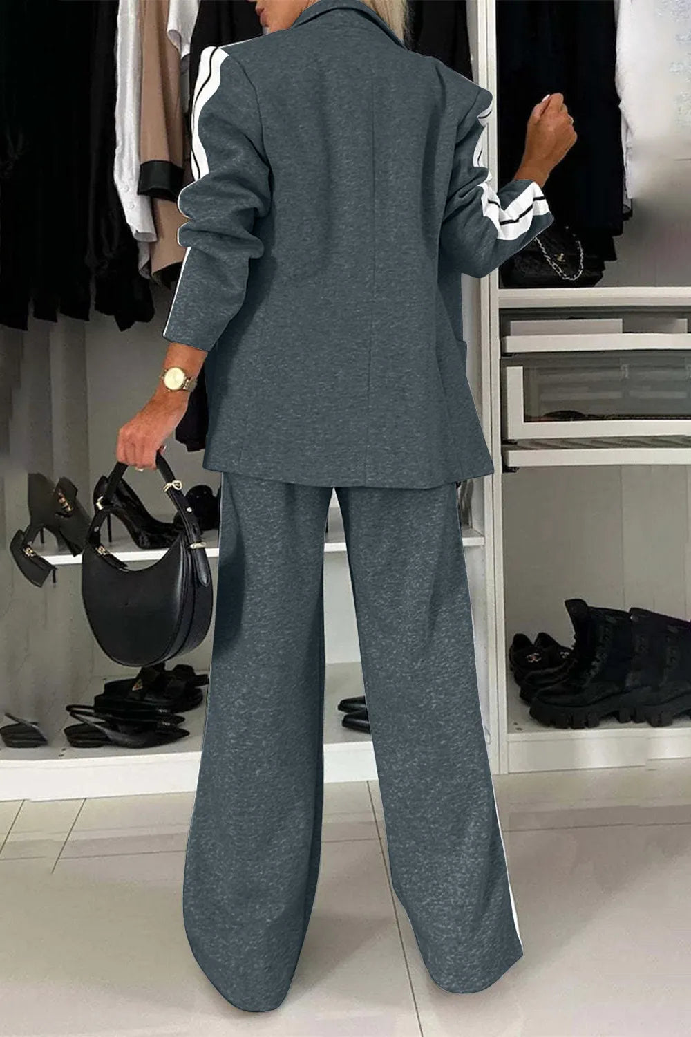 Full Size Contrast Lapel Collar Top and Pants Set, shown from behind with a stylish gray design and sporty details.