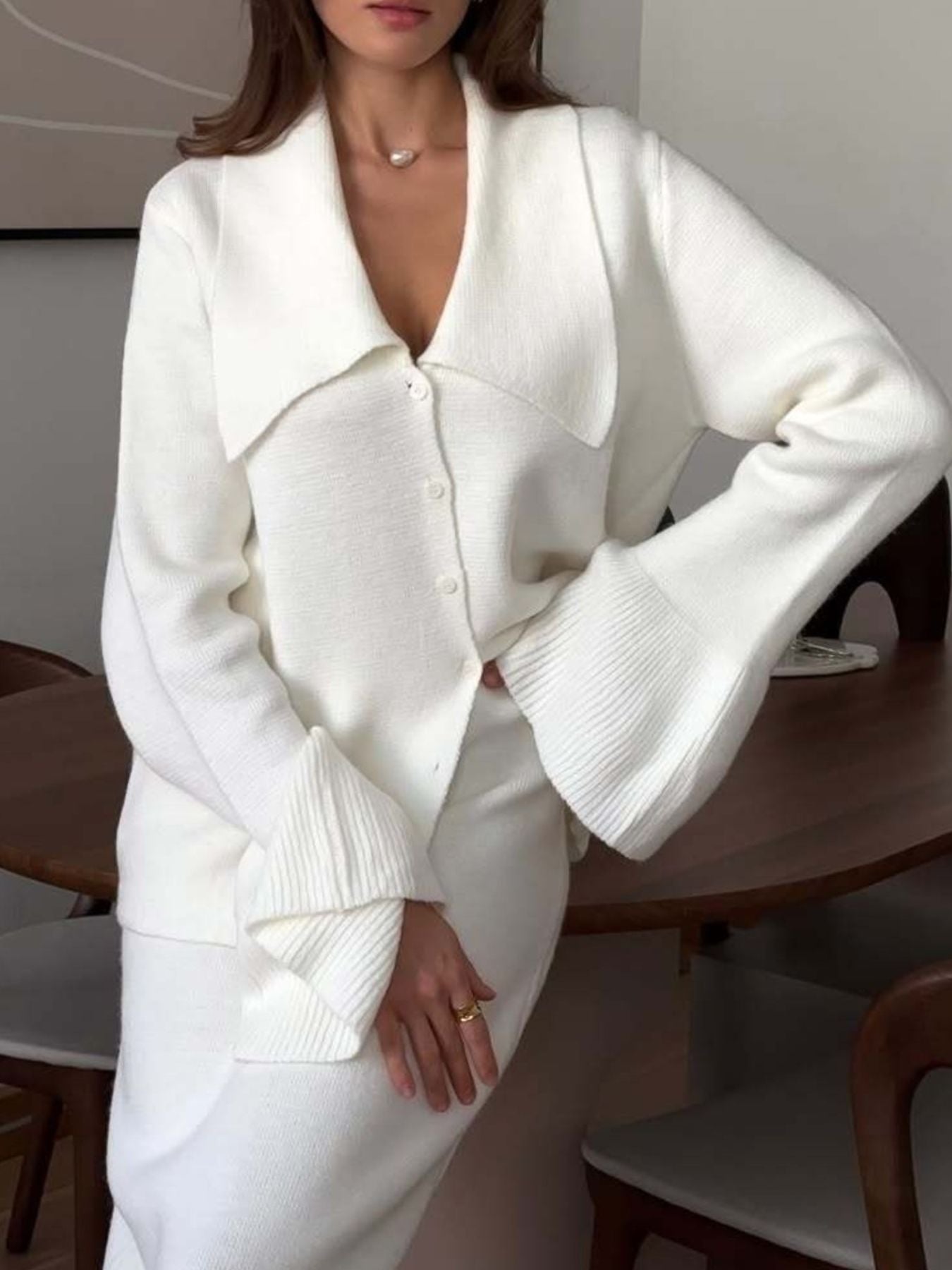 Button Down Cardigan and Skirt Knit Set – Women's Two Piece Outfit featuring a ribbed, buttoned white cardigan and skirt.