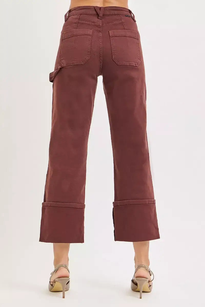Back view of RISEN High Rise Wide Straight Cuffed Jeans showcasing wide-leg cut and cuffed hem for stylish everyday wear.