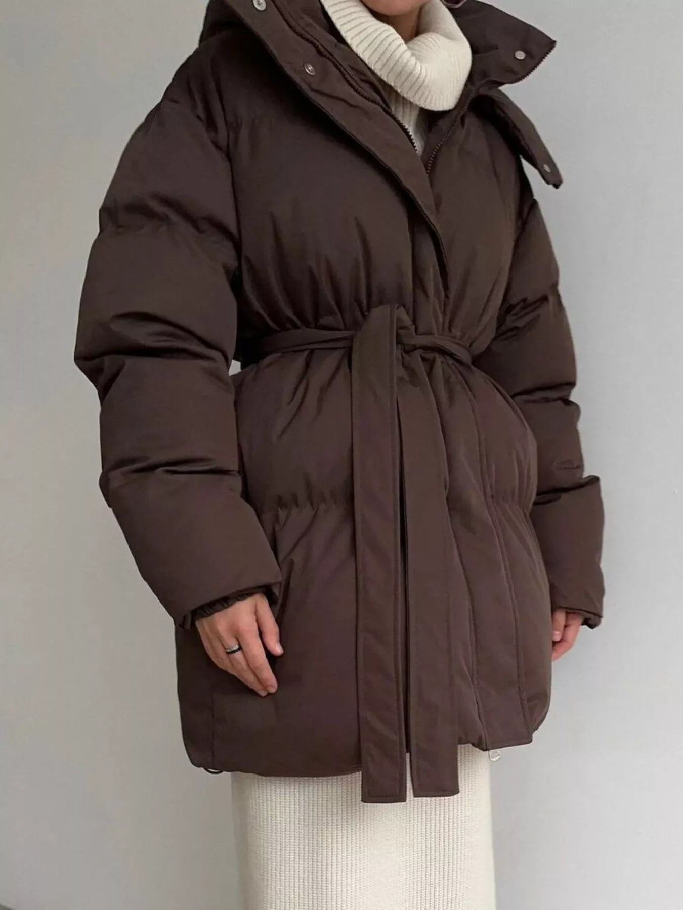 Mid Length Hooded Winter Coat Belted Warm Women Jacket in brown with pockets and zipper, perfect for chilly weather.